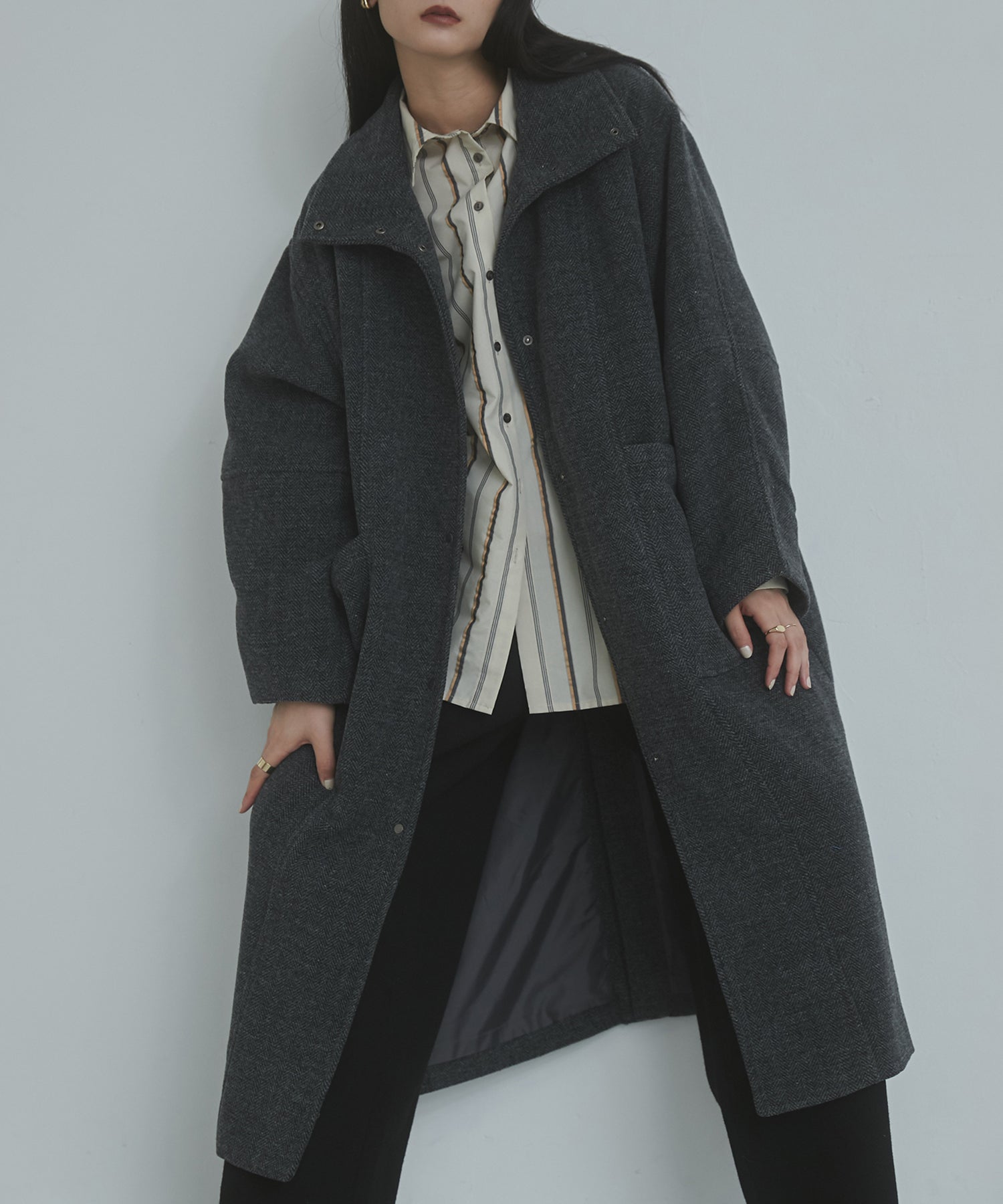 杢ヘリンボーン スタンドカラーコート
