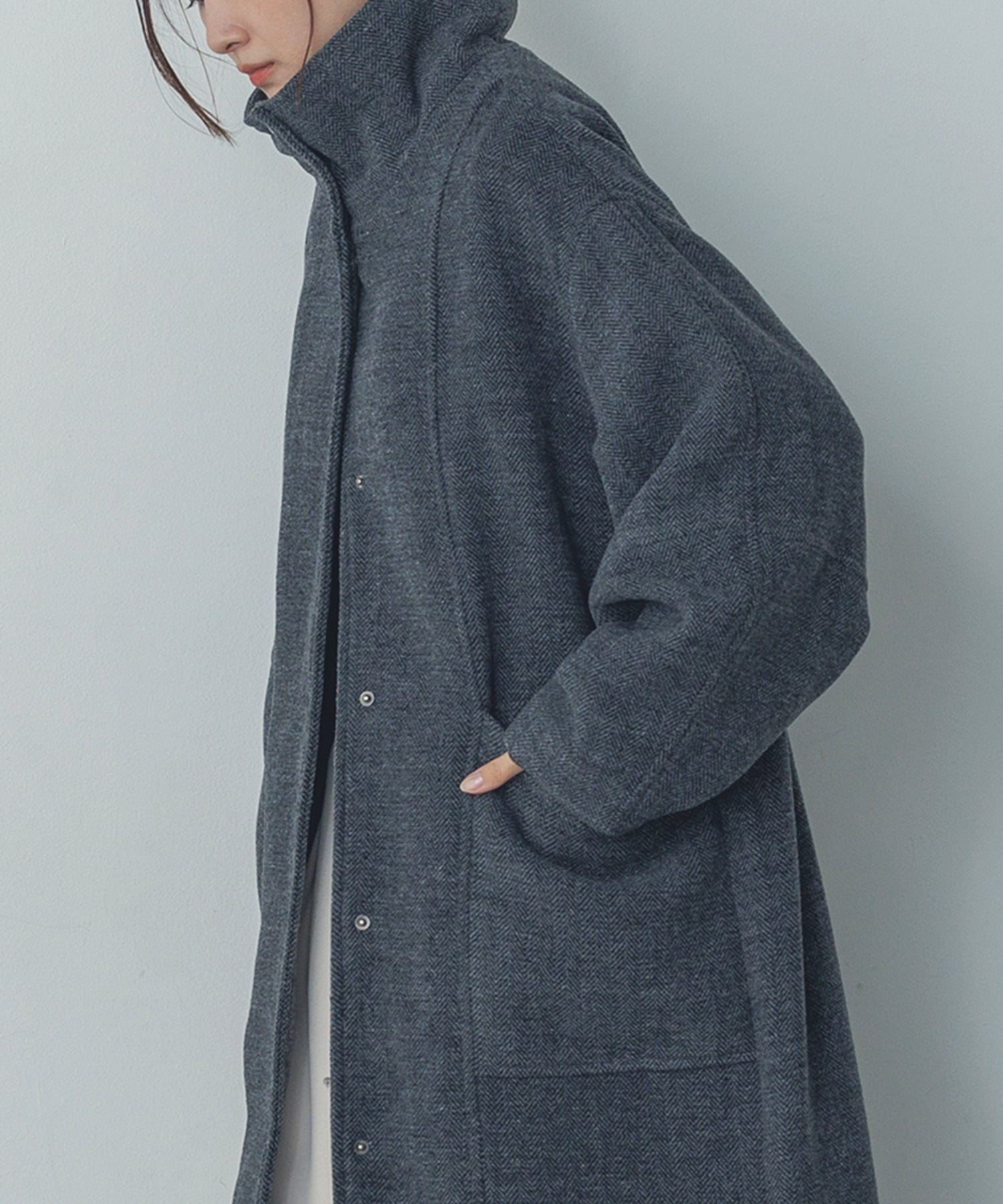 杢ヘリンボーン スタンドカラーコート