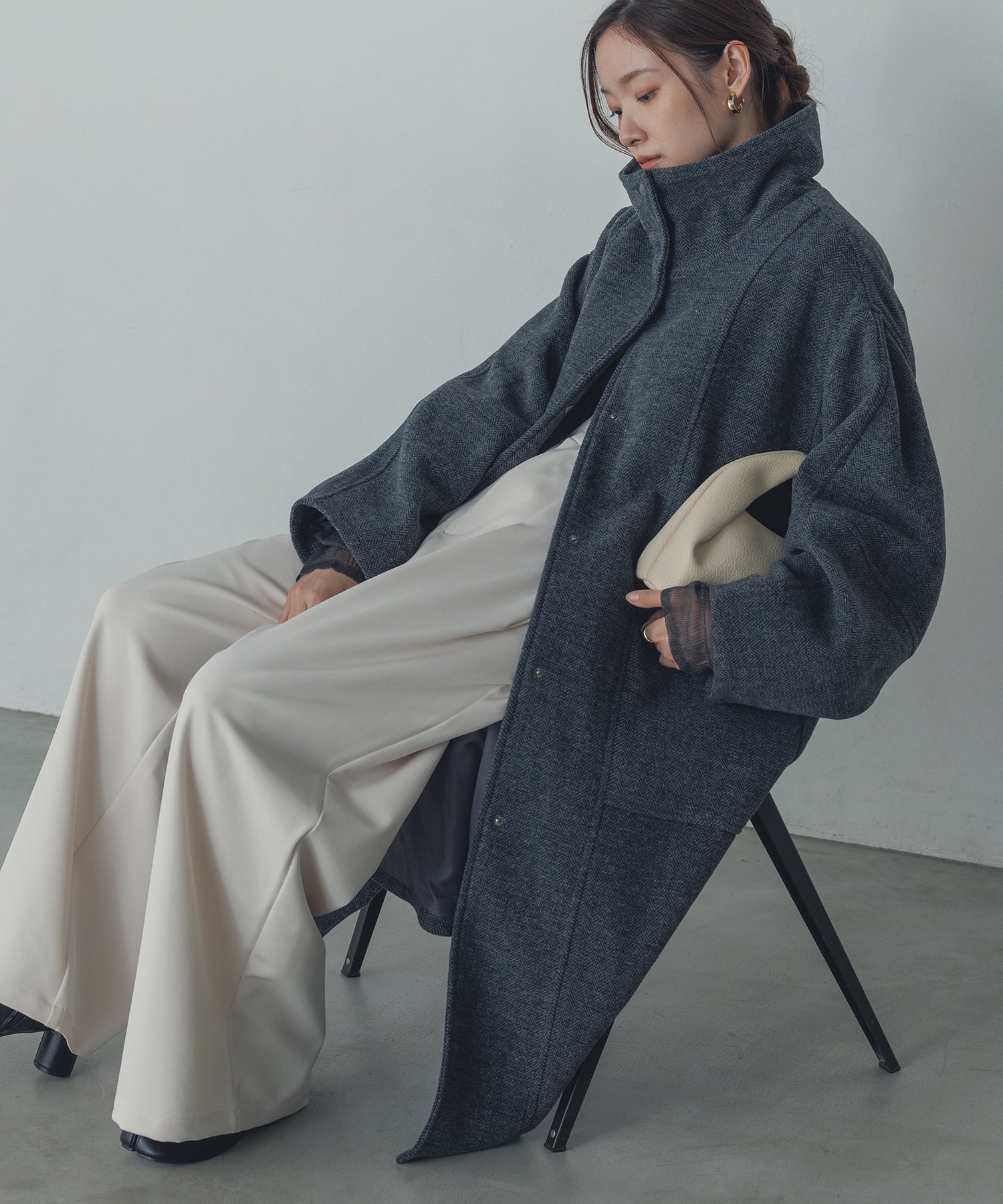 杢ヘリンボーン スタンドカラーコート