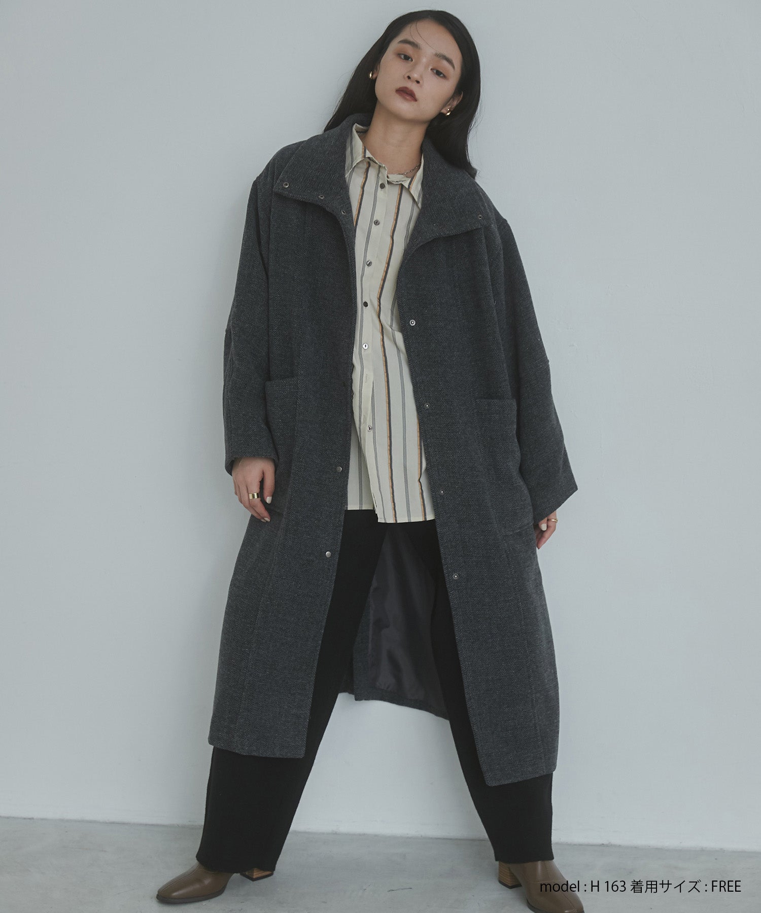 杢ヘリンボーン スタンドカラーコート