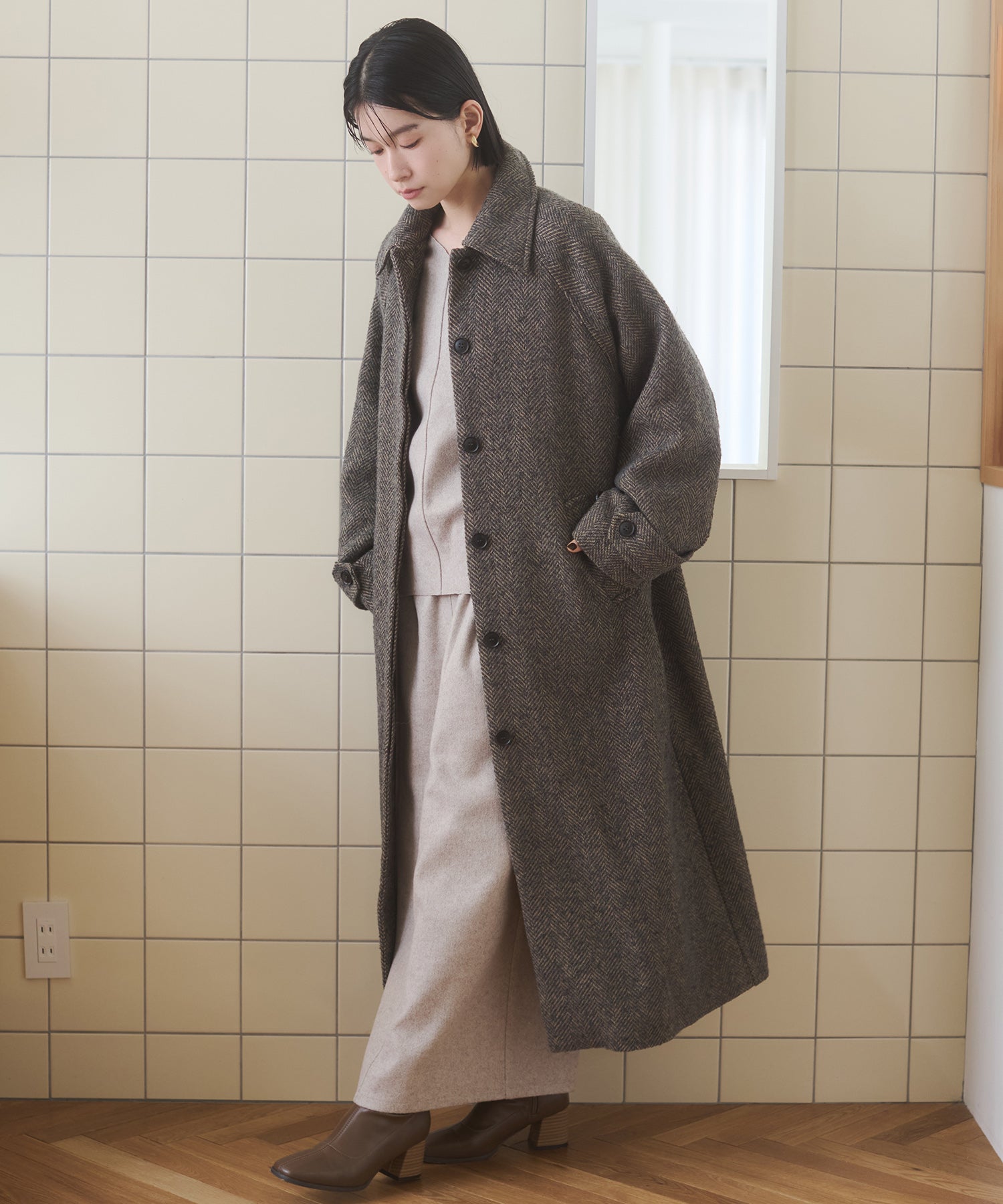 ヘリンボーン ステンカラーコート