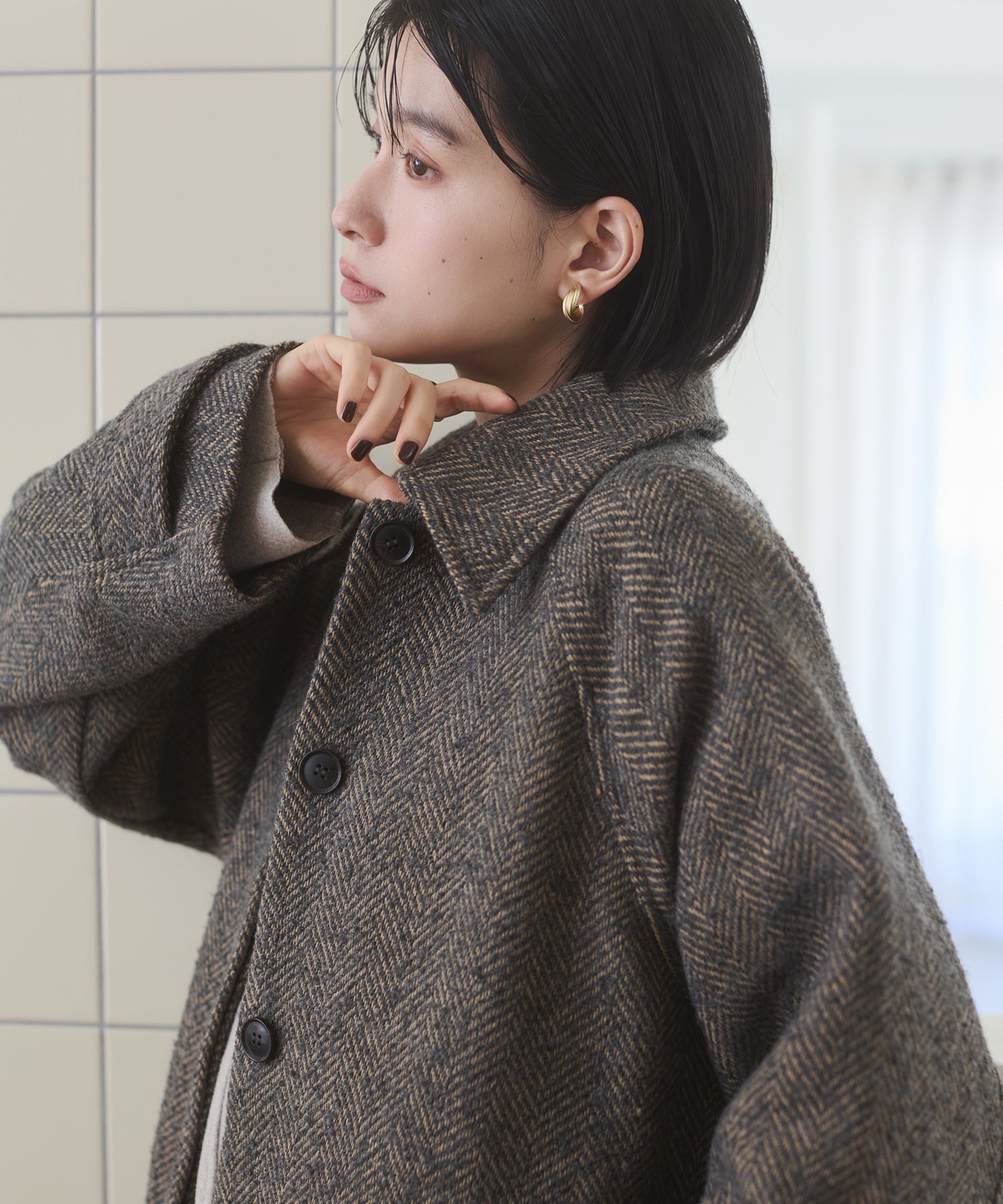 ヘリンボーン ステンカラーコート