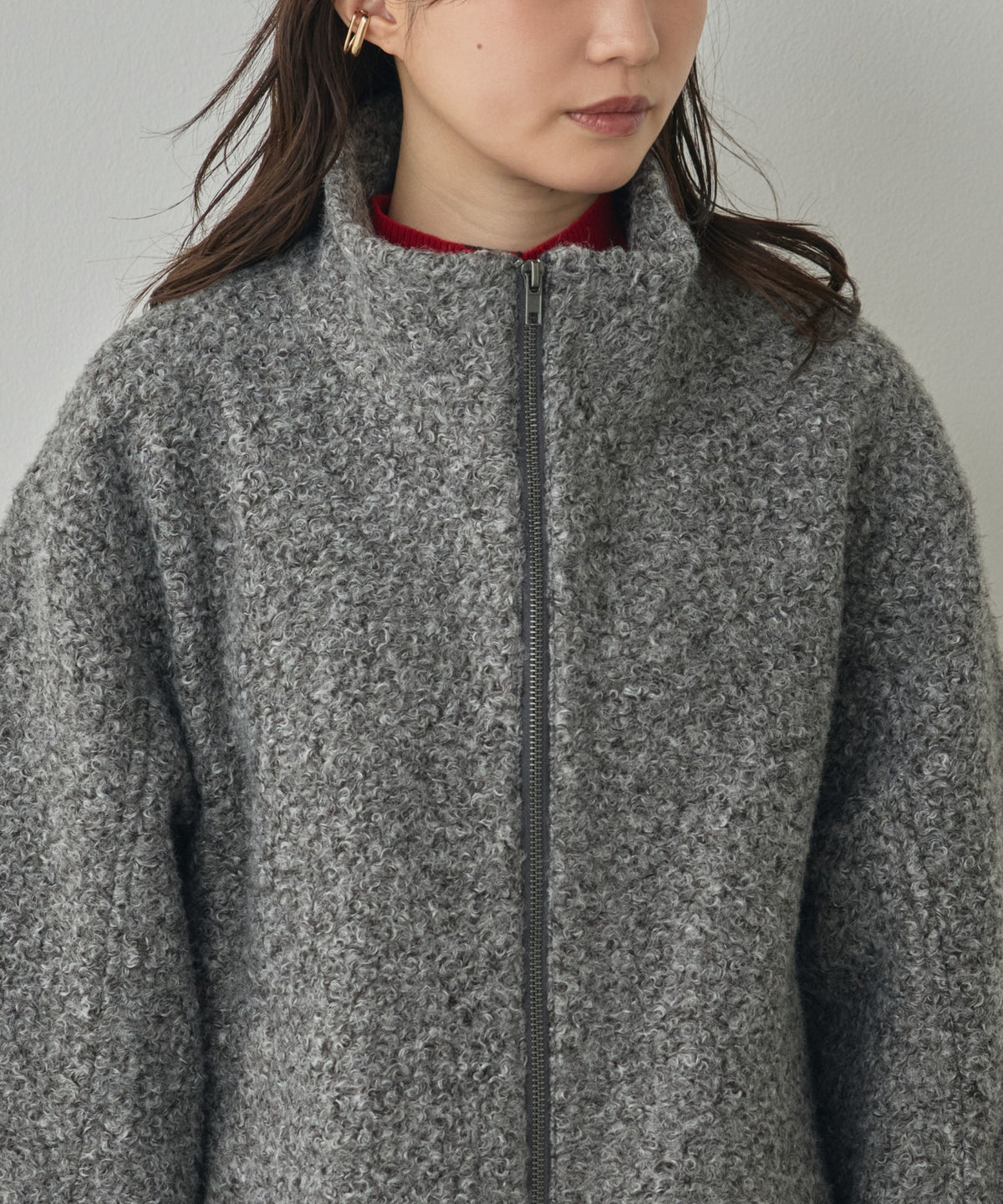CURLY BOUCLÉ STAND-UP COLLAR MEDIUM COAT
