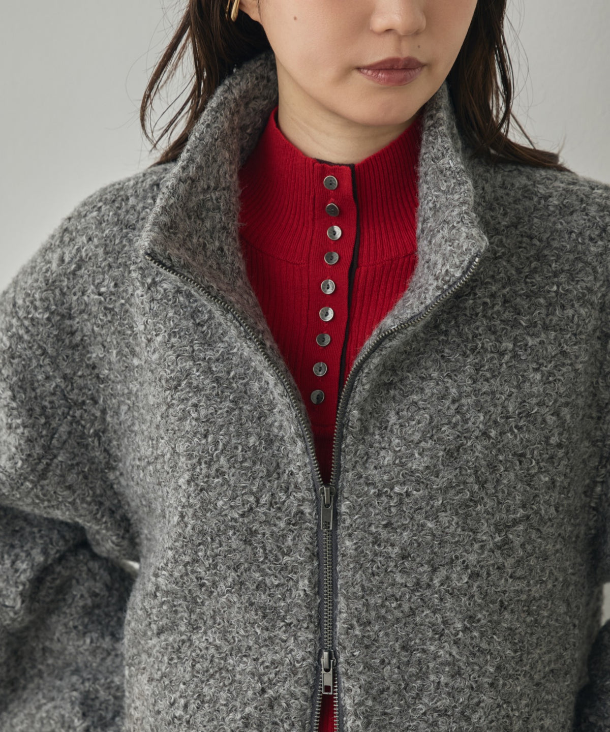 CURLY BOUCLÉ STAND-UP COLLAR MEDIUM COAT