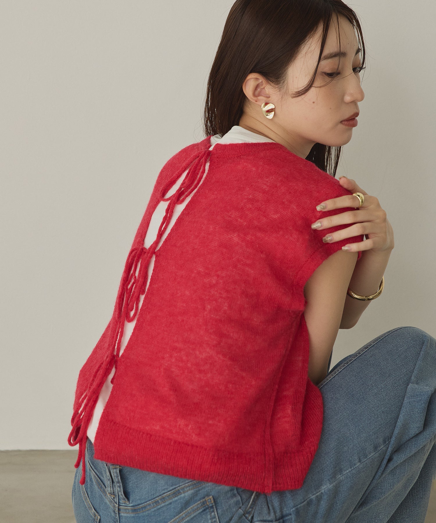 Front and back 2WAY back ribbon sheer knit