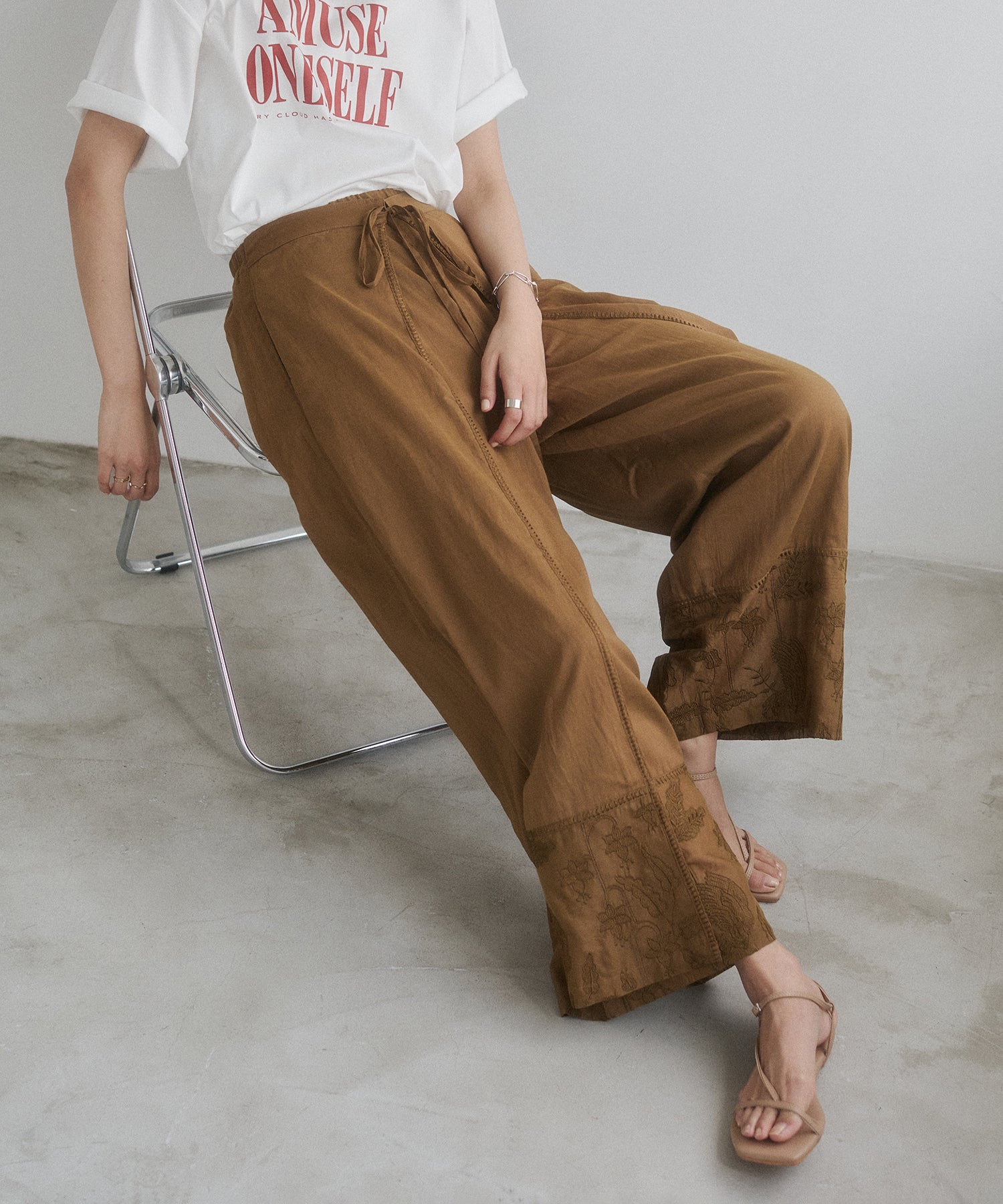 HEM-EMBROIDERED WRAP PANTS