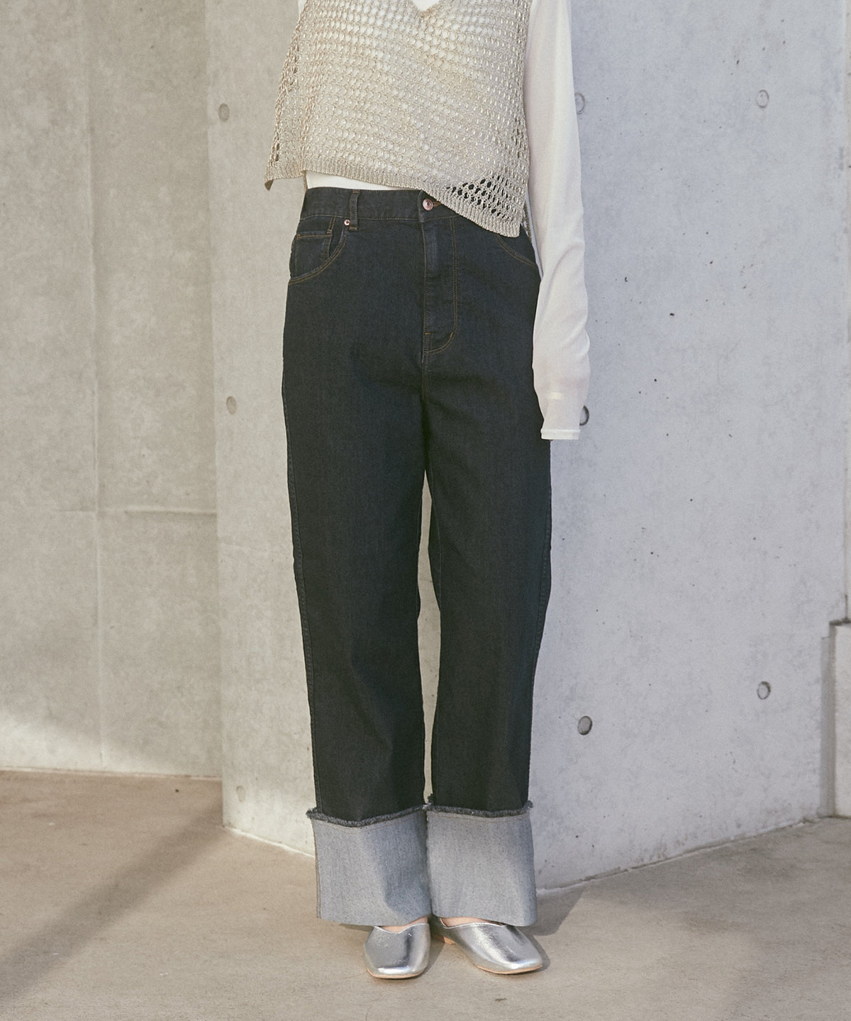DENIM ROLL-UP WIDE STRAIGHT PANTS