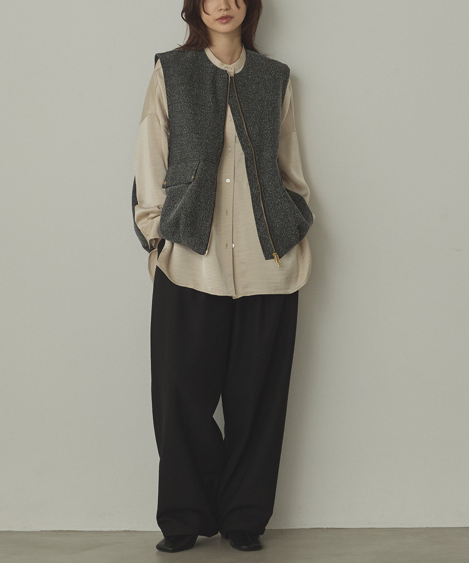 TWEED WIDE TUCK PANTS