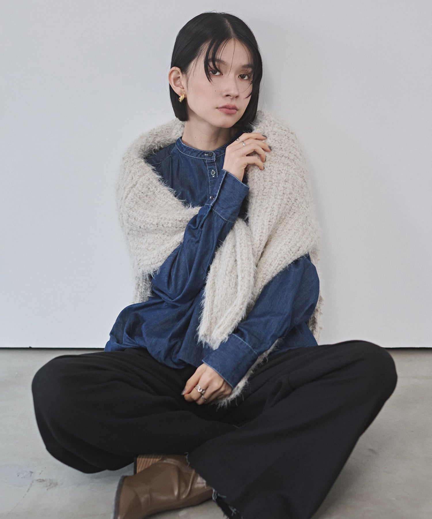 ウール混 ワイドタックパンツ