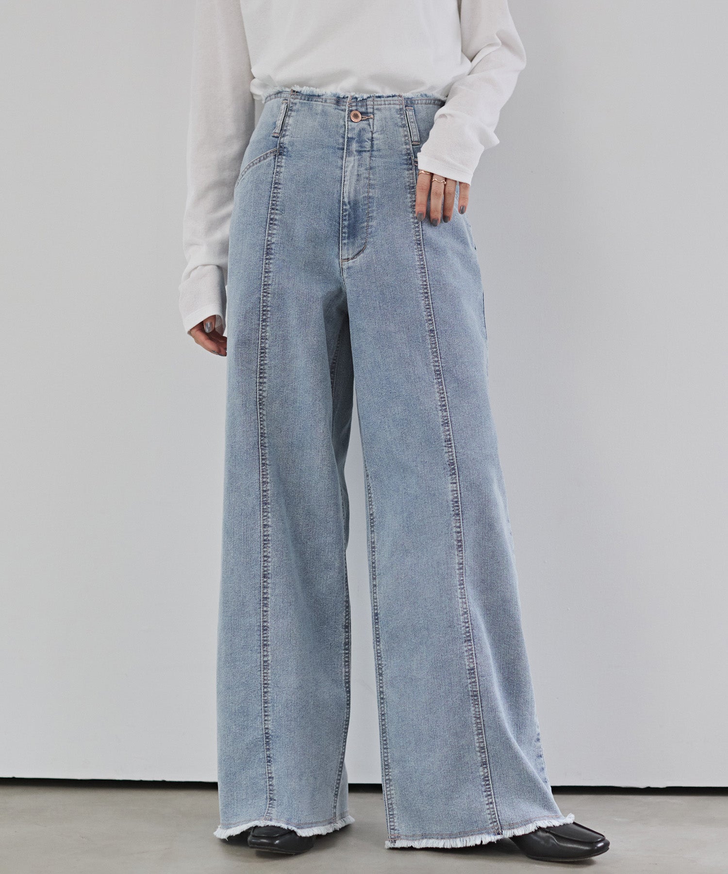 STRETCH DENIM WIDE PANTS