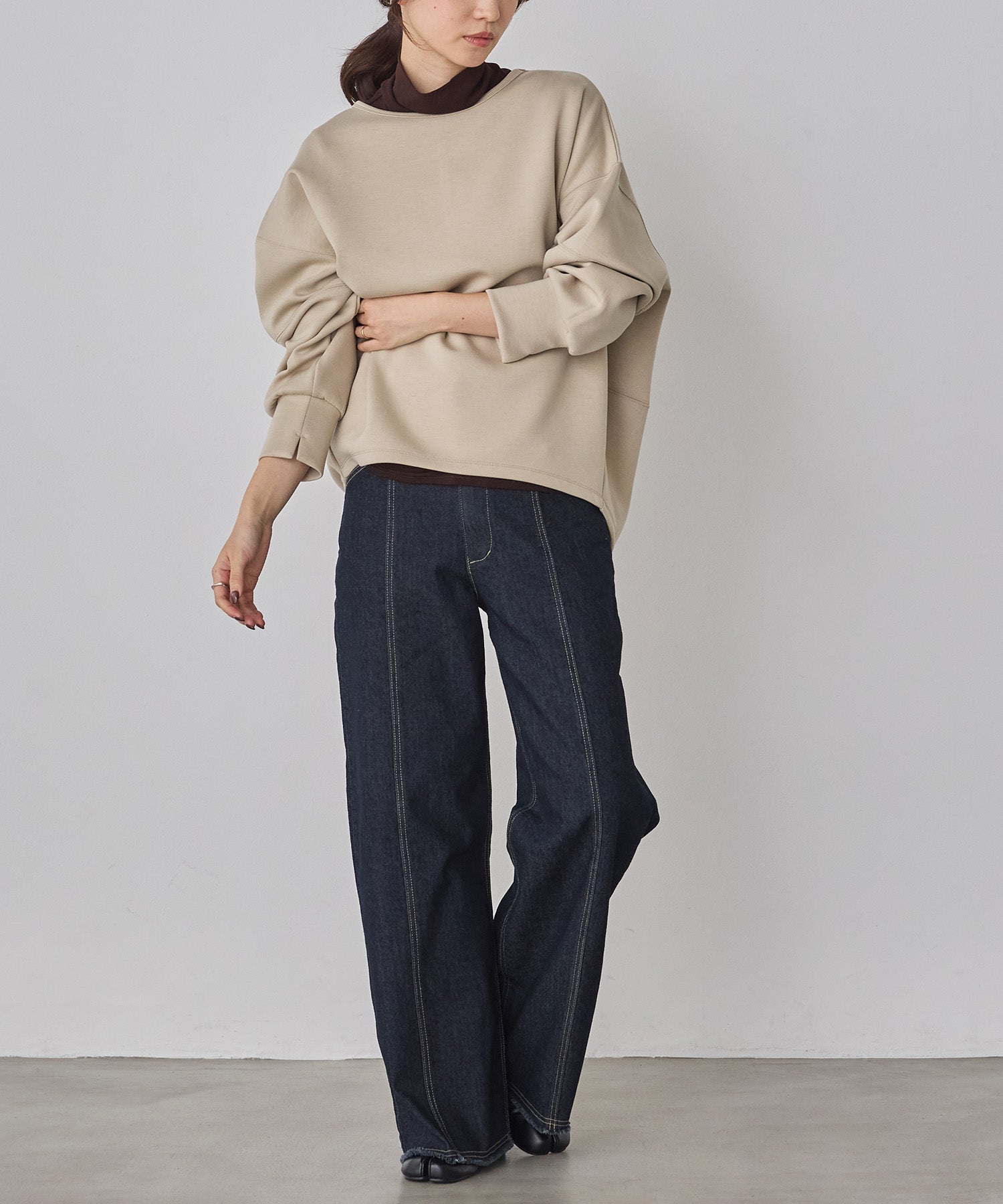 STRETCH DENIM WIDE PANTS