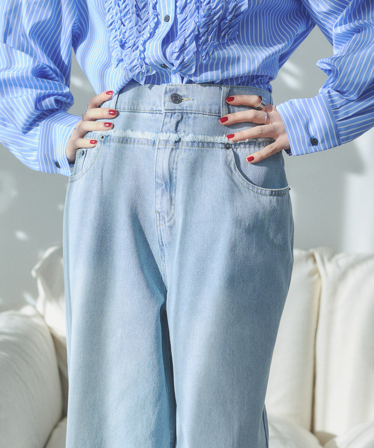 DENIM/TWILL WAIST SWITCH WIDE PANTS