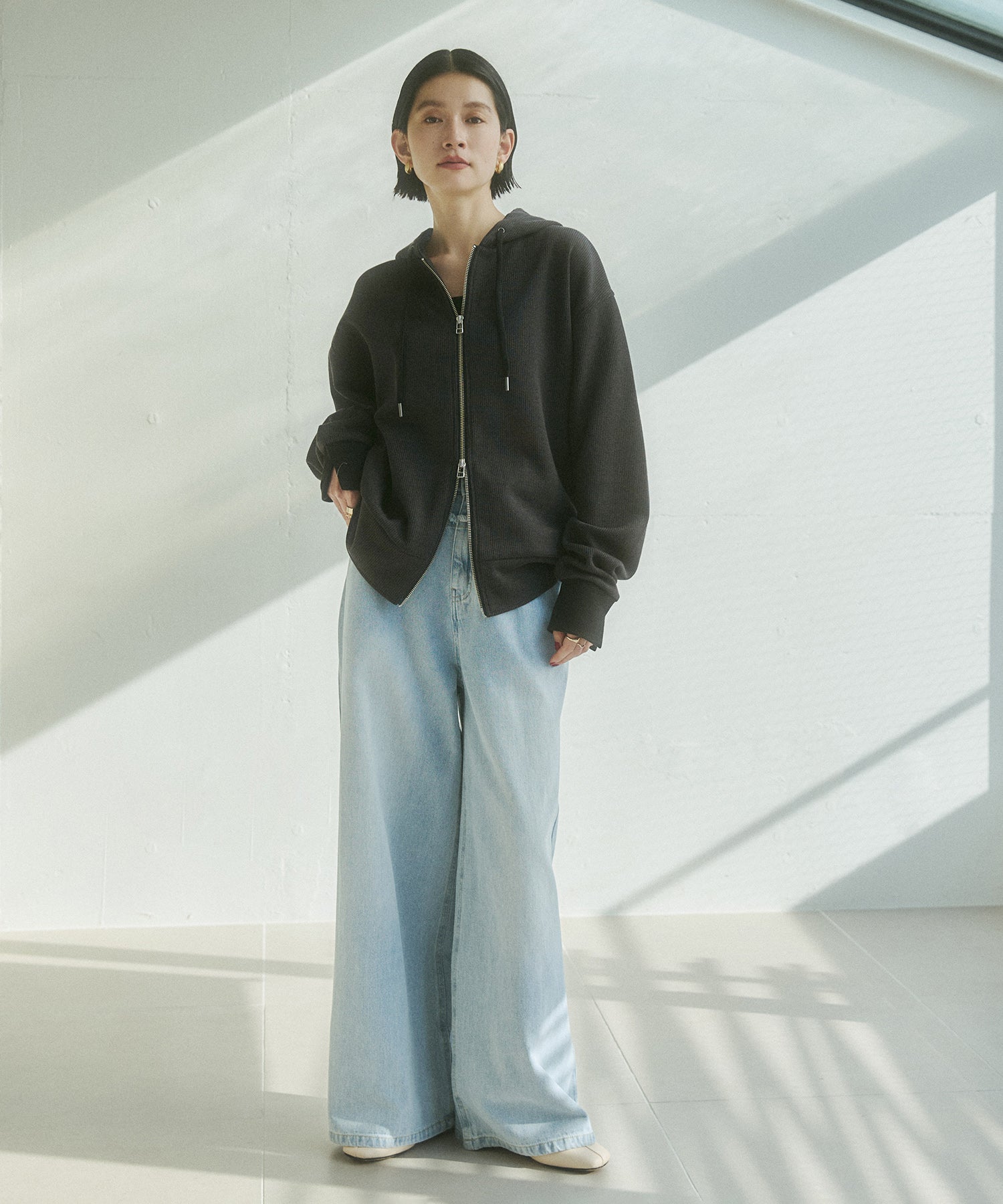 DENIM/TWILL WAIST SWITCH WIDE PANTS