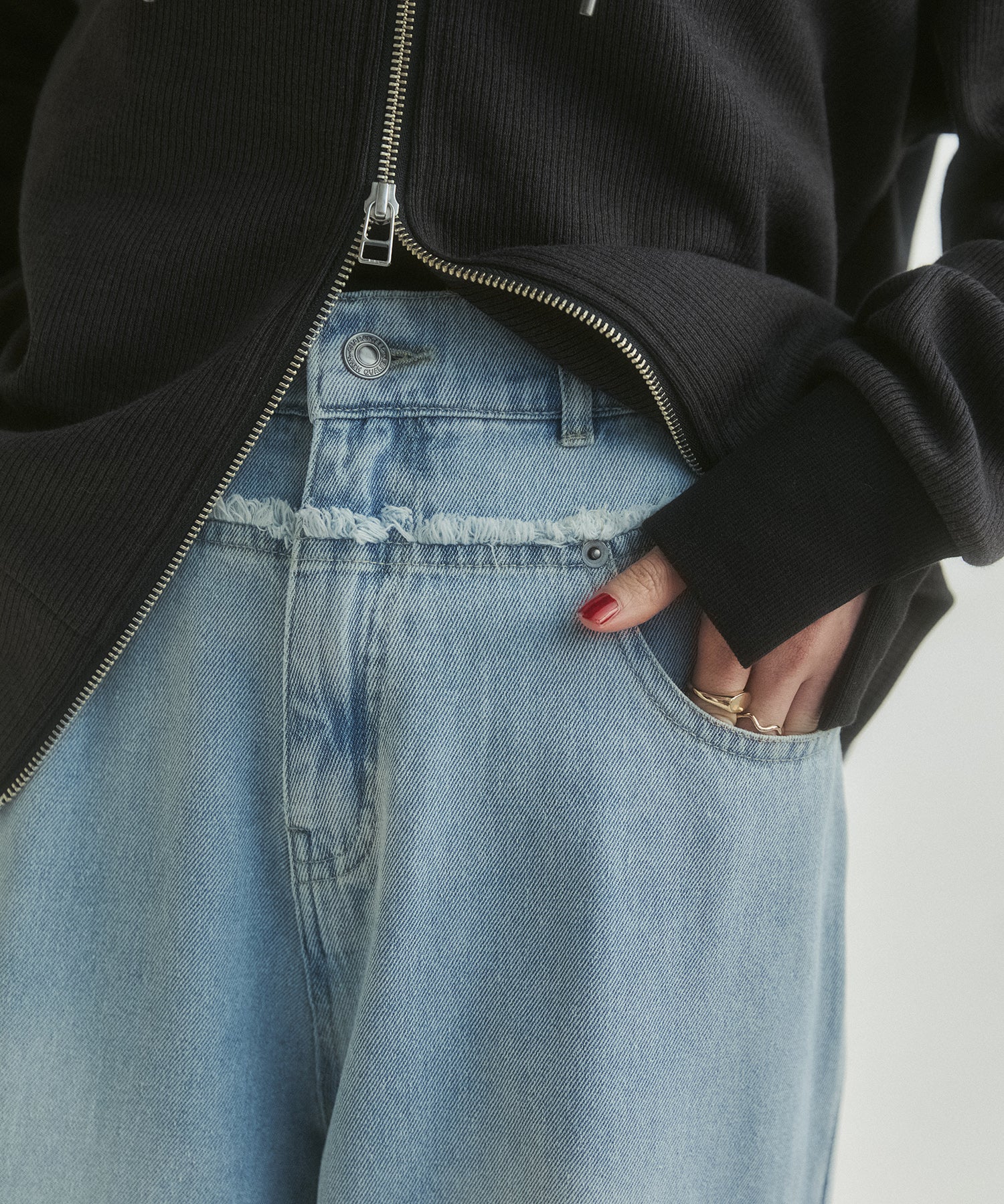 DENIM/TWILL WAIST SWITCH WIDE PANTS