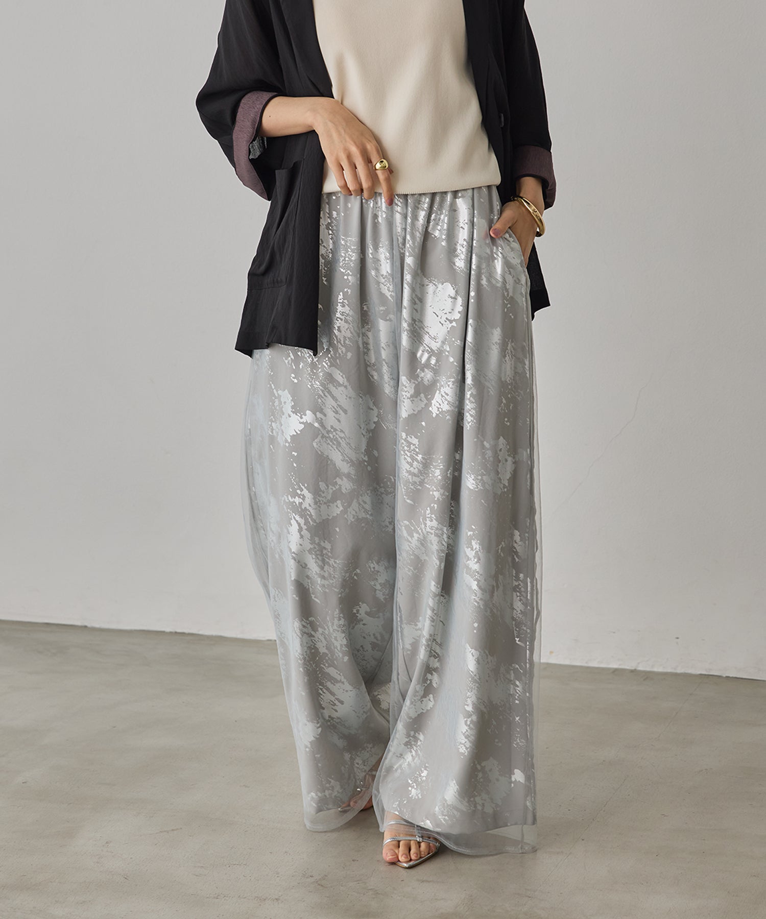 GEORGETTE FOIL PRINT TULLE LAYERED PANTS
