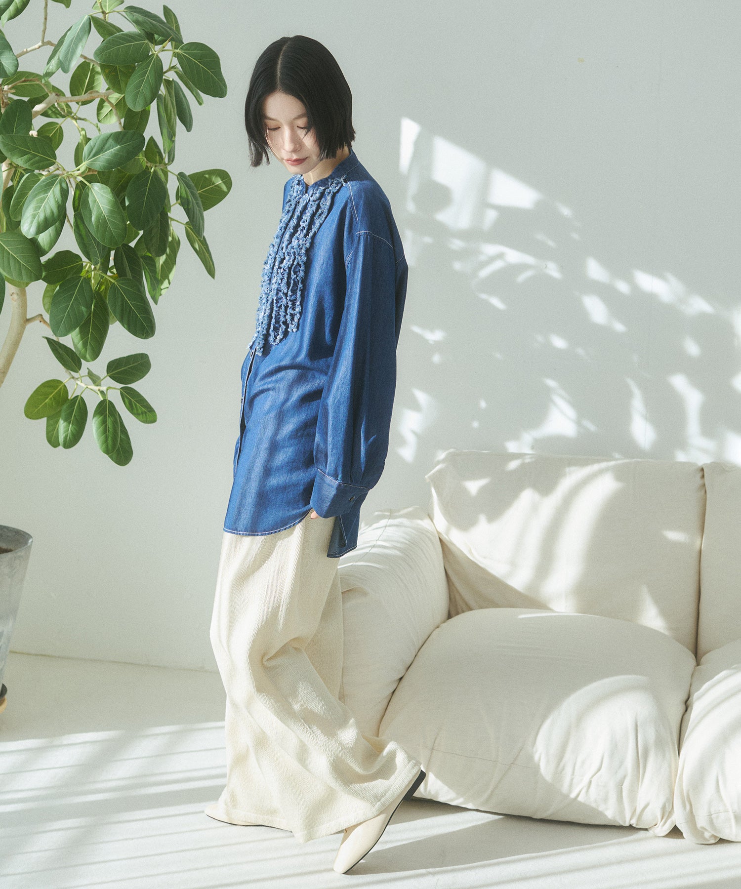 デニムライク ヘリンボーン タックパンツ