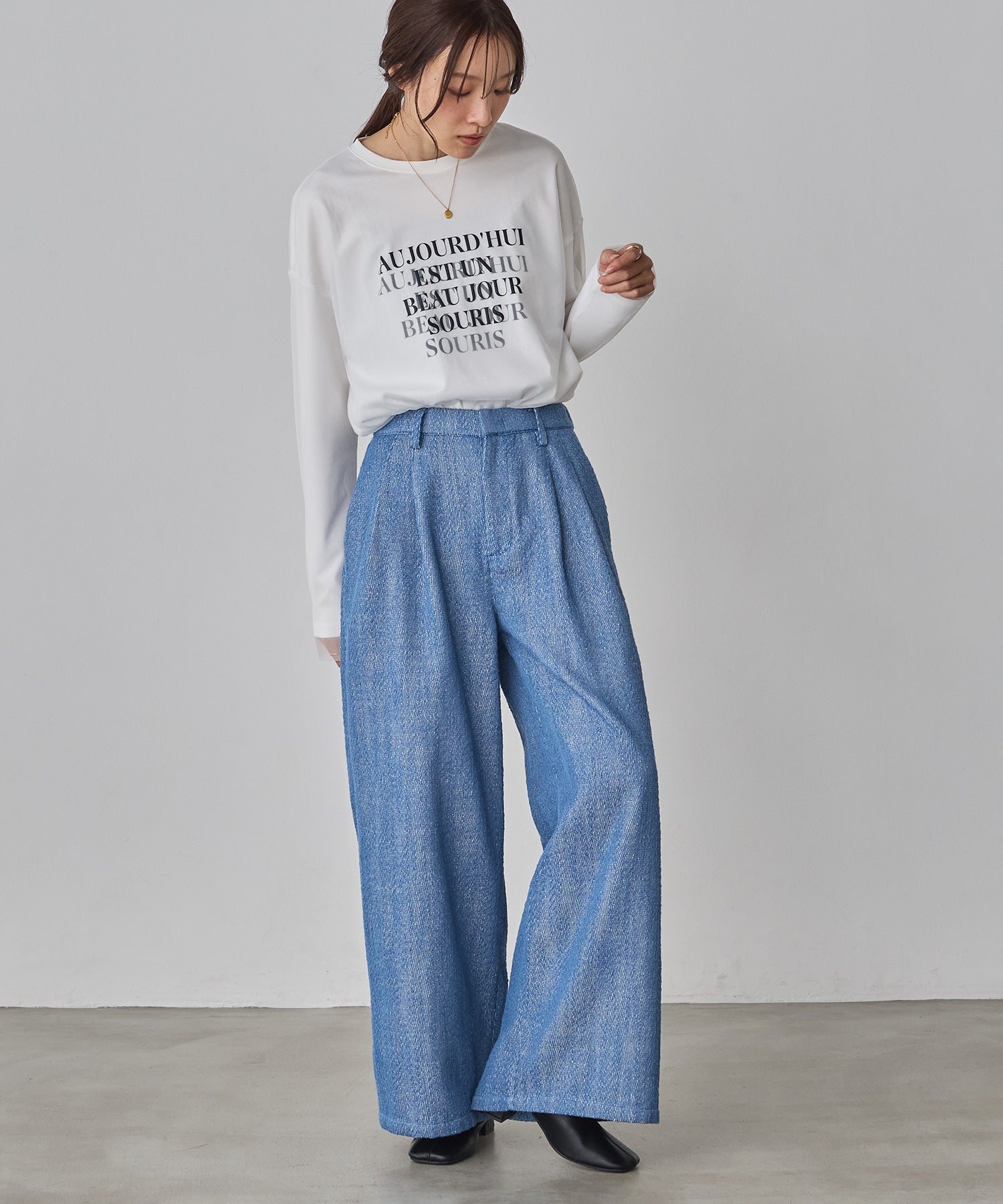 デニムライク ヘリンボーン タックパンツ