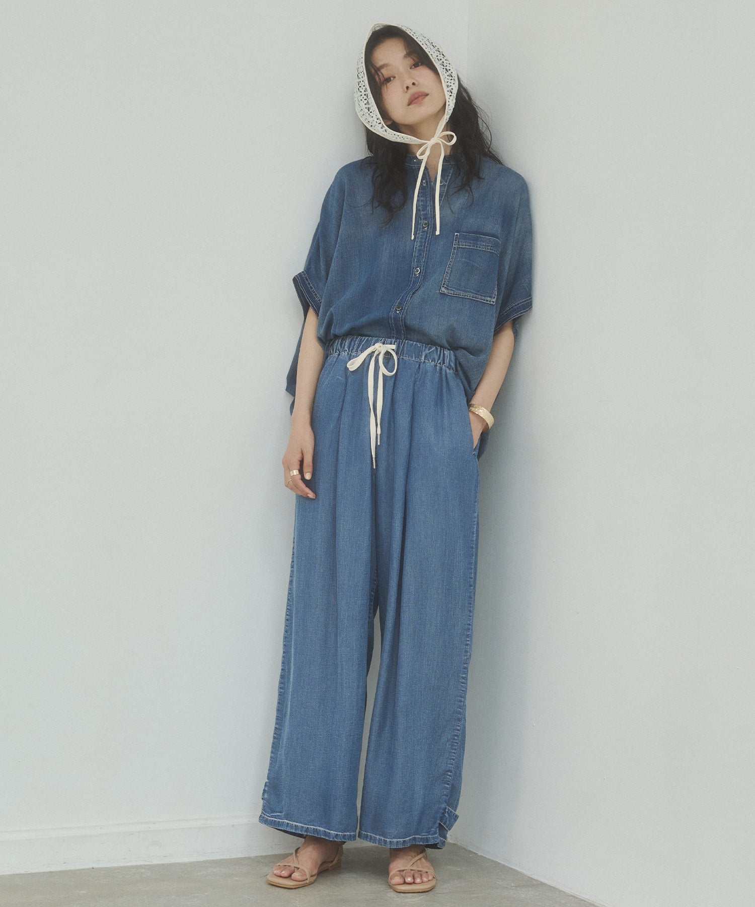 TENCEL DENIM WITH HEM TABS WIDE PANTS