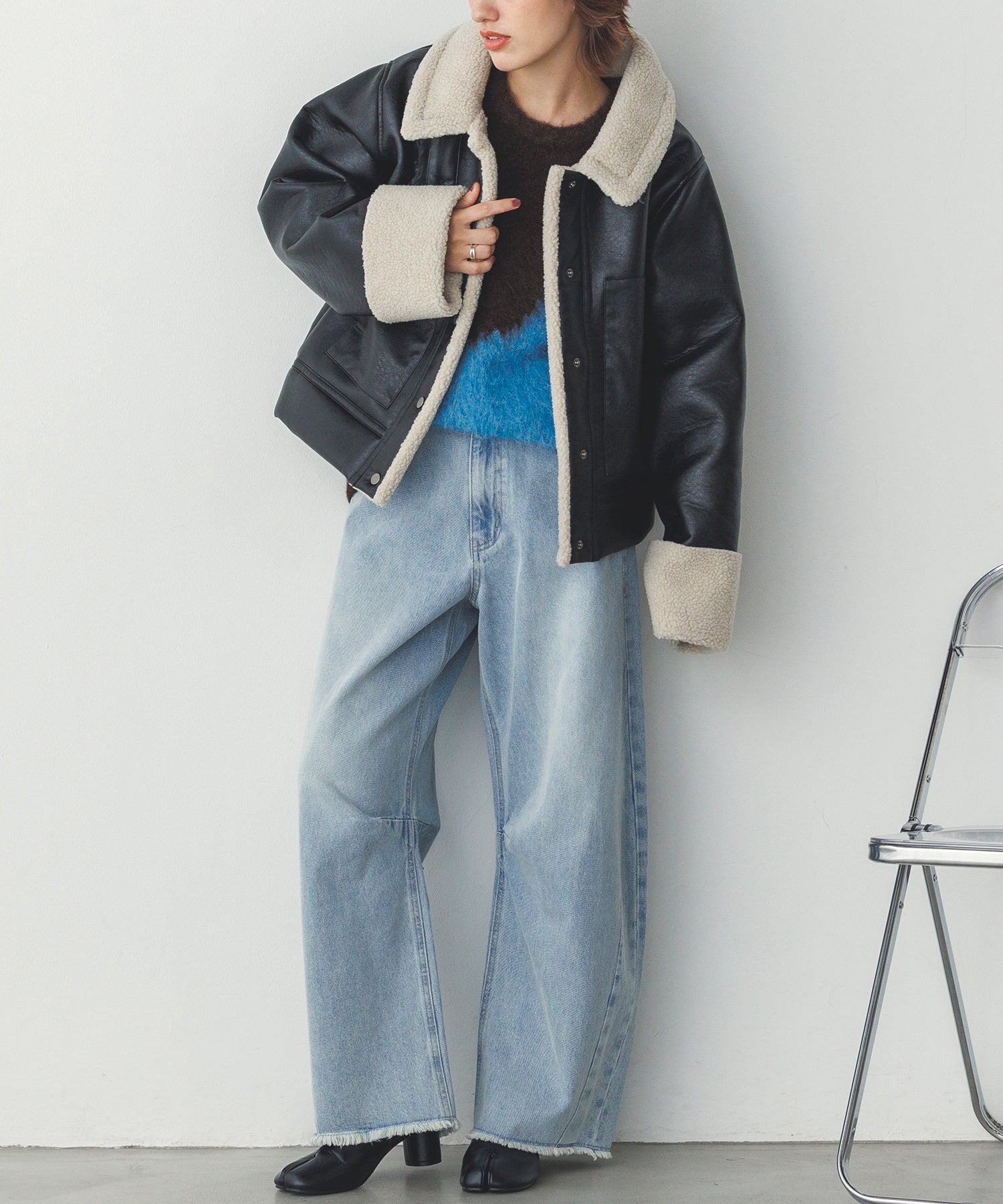 フェイクレザー×ボア ブルゾン