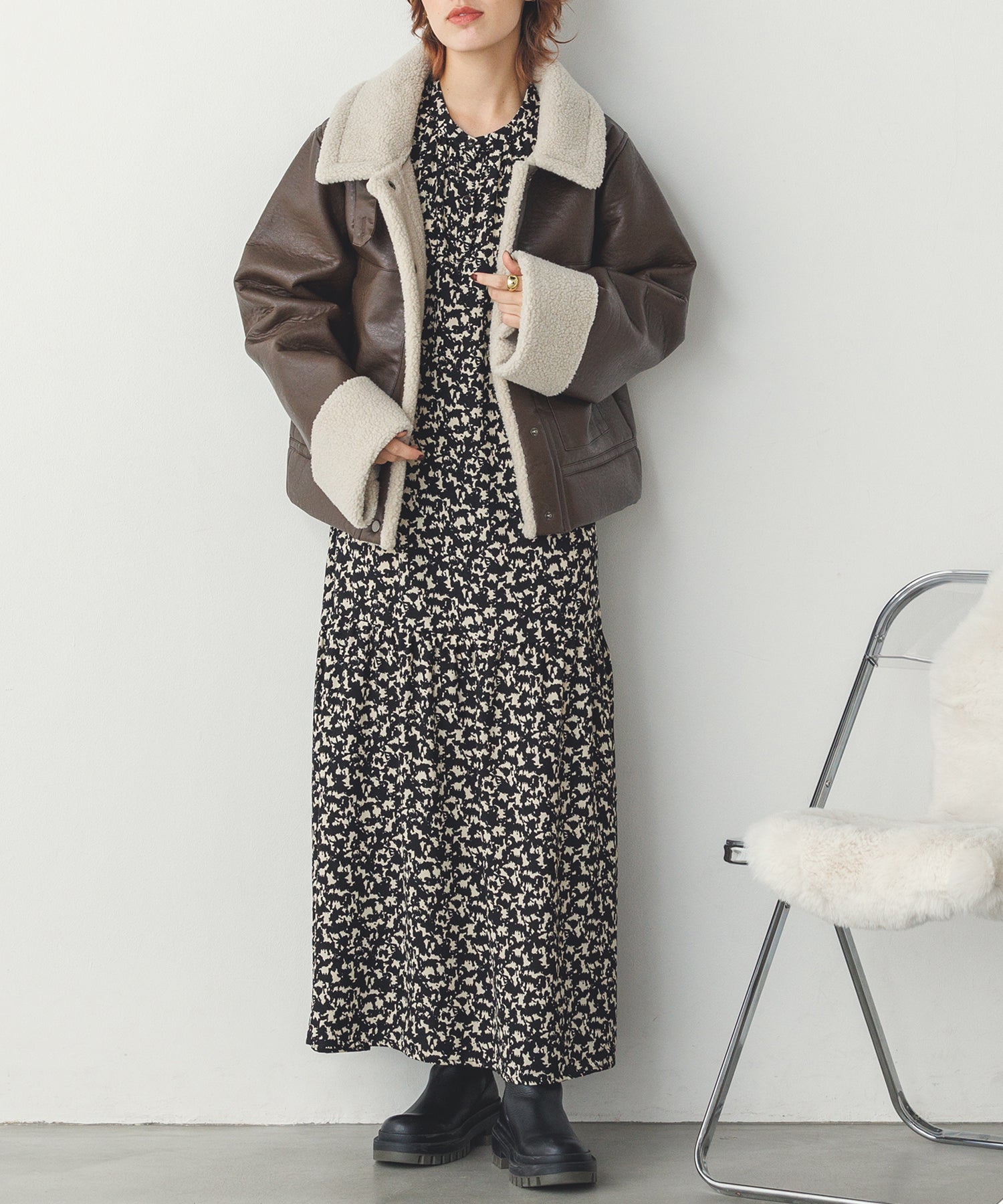 フェイクレザー×ボア ブルゾン