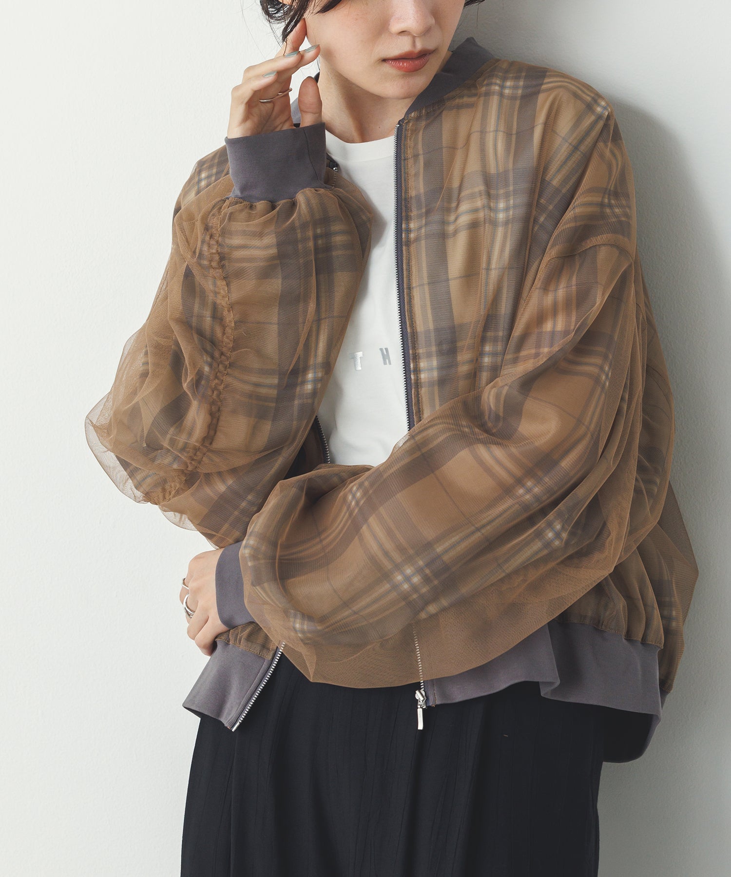チュールシアー チェックブルゾン