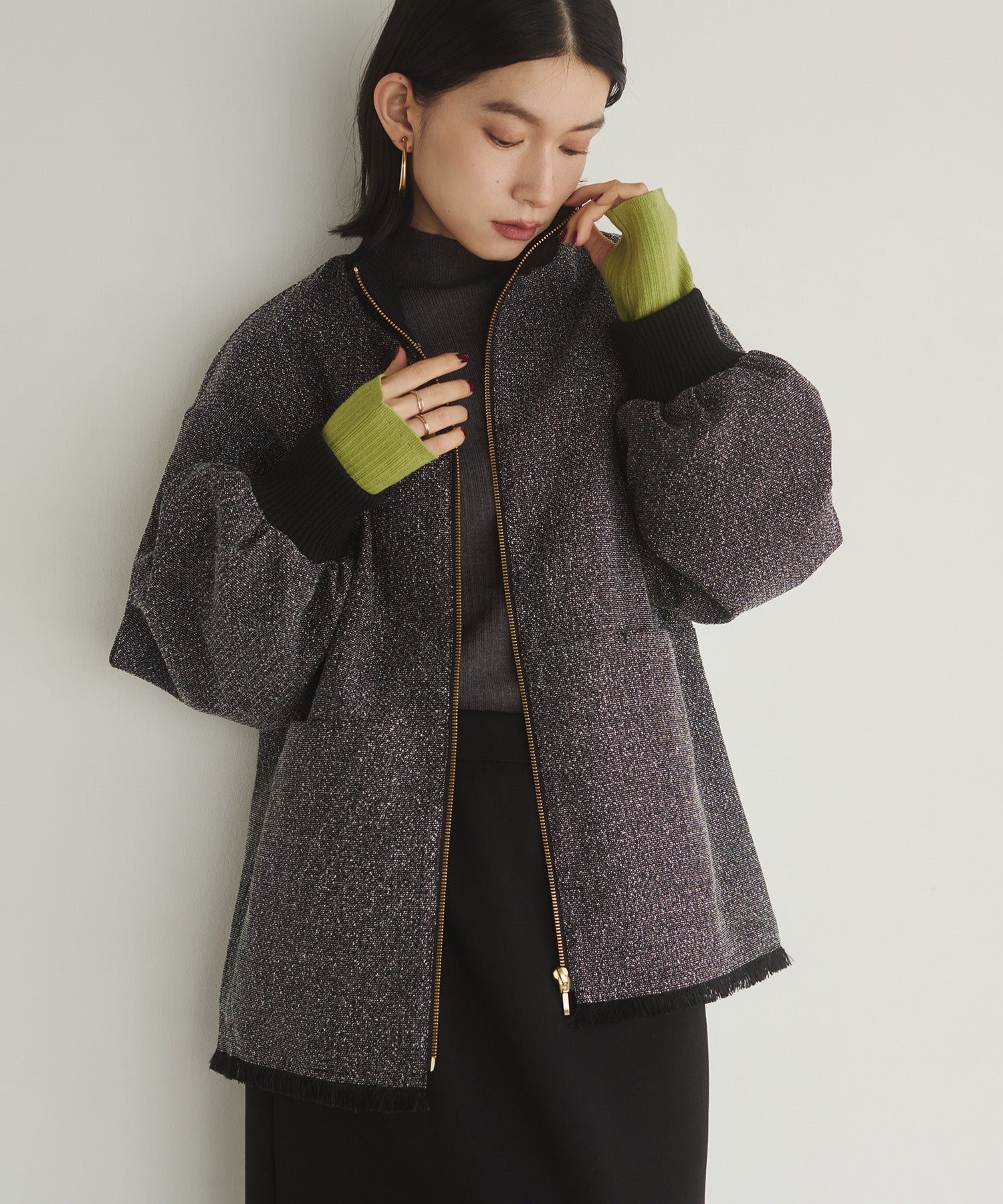 スタンドカラー ツィードブルゾン