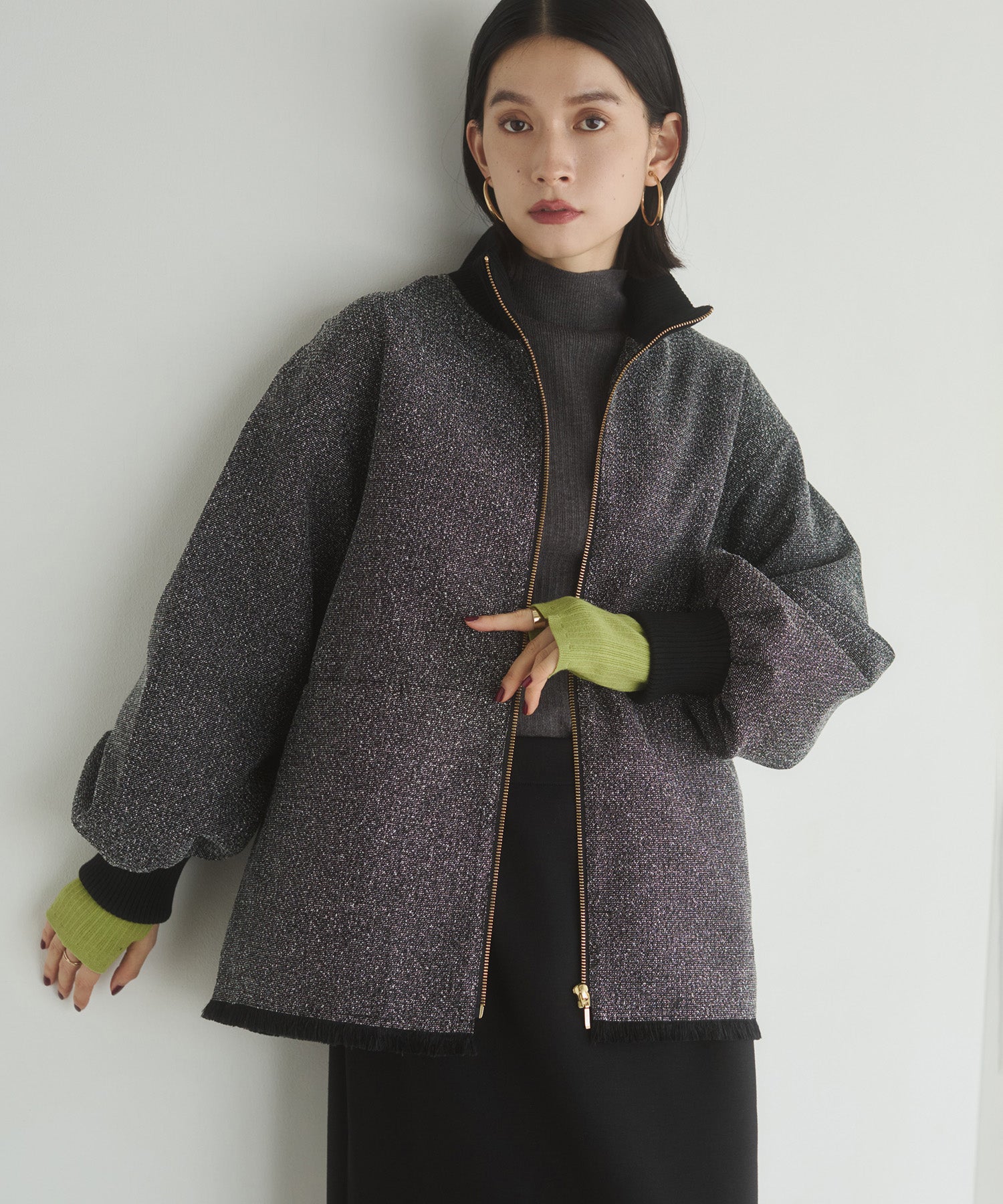 スタンドカラー ツィードブルゾン