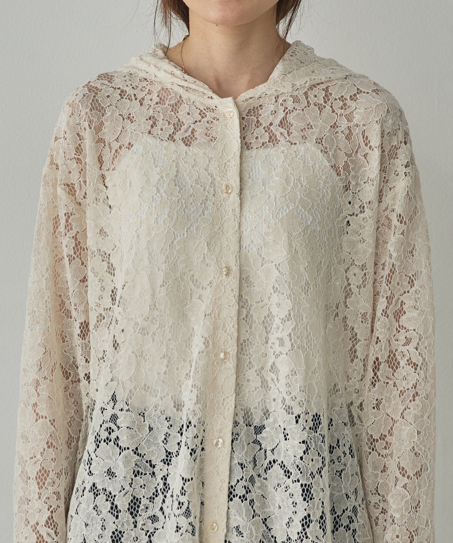 MESH-PATTERNED LACE HOODED CARDIGAN