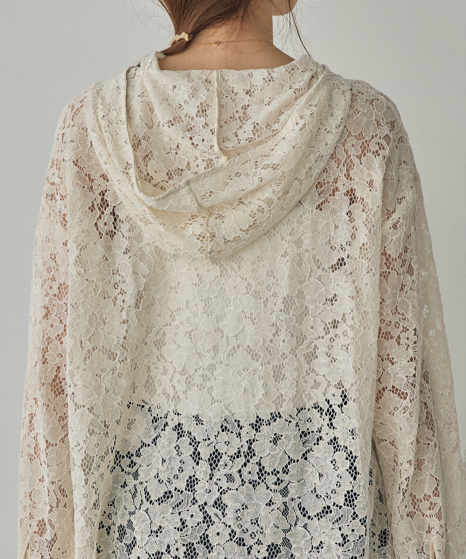 MESH-PATTERNED LACE HOODED CARDIGAN