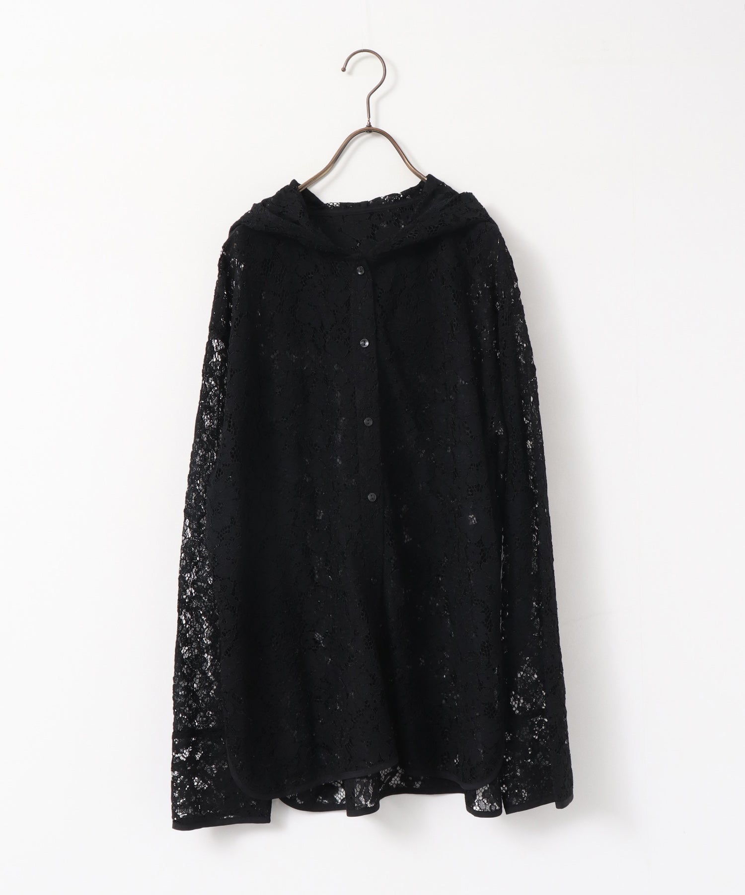 MESH-PATTERNED LACE HOODED CARDIGAN