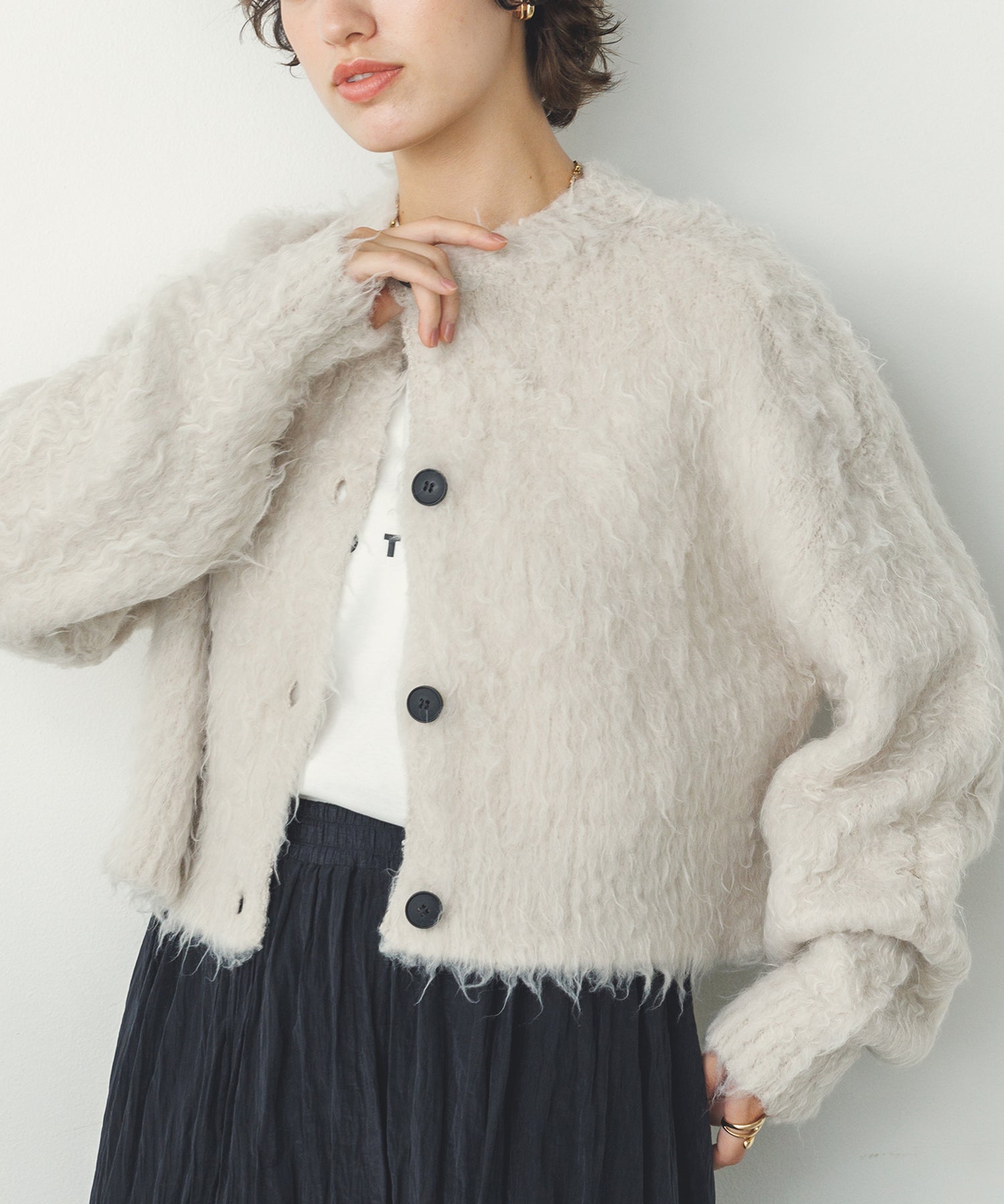 シャギー起毛 ショートカーデ