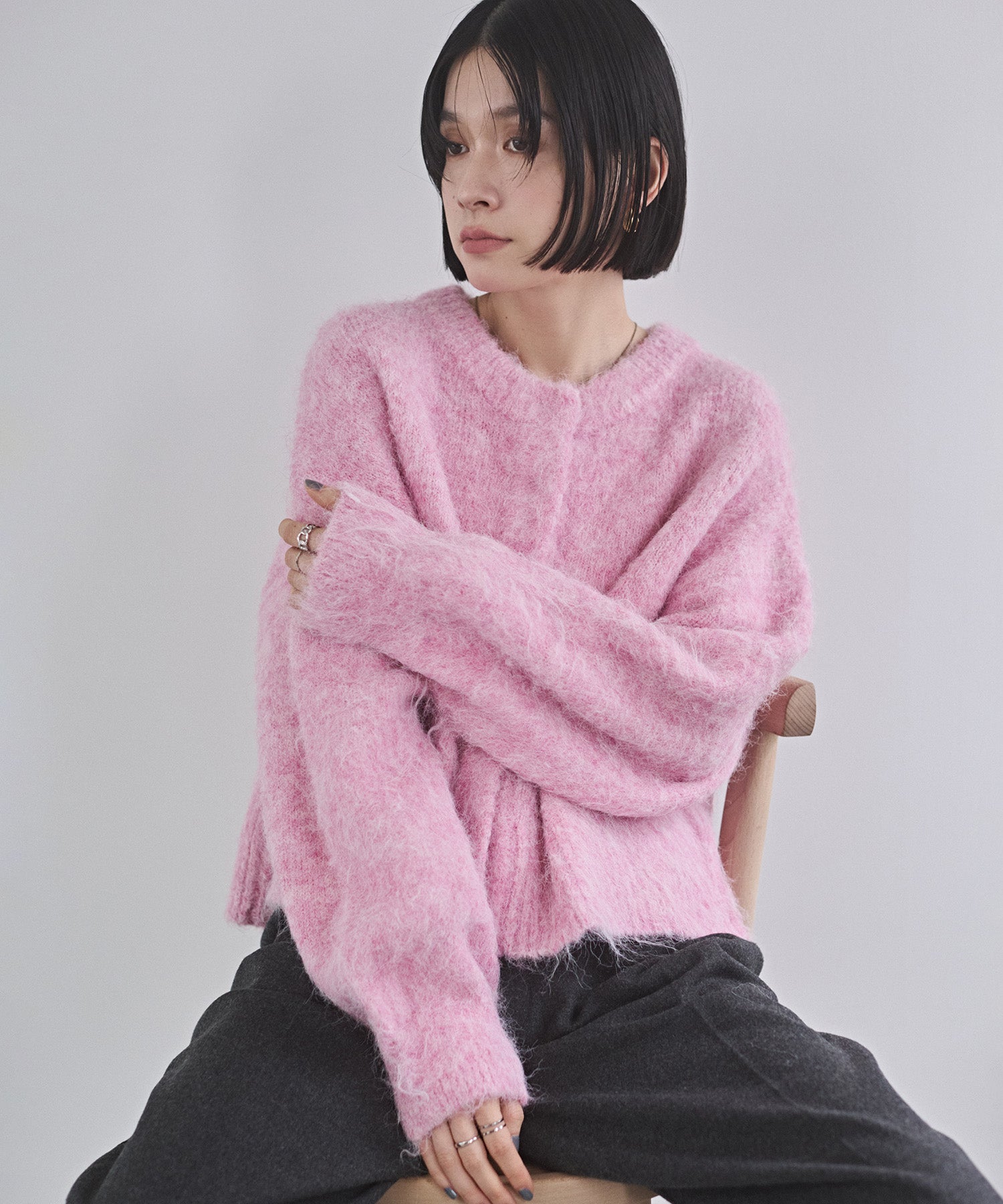 シャギー ミックスカラー起毛ニットカーディガン