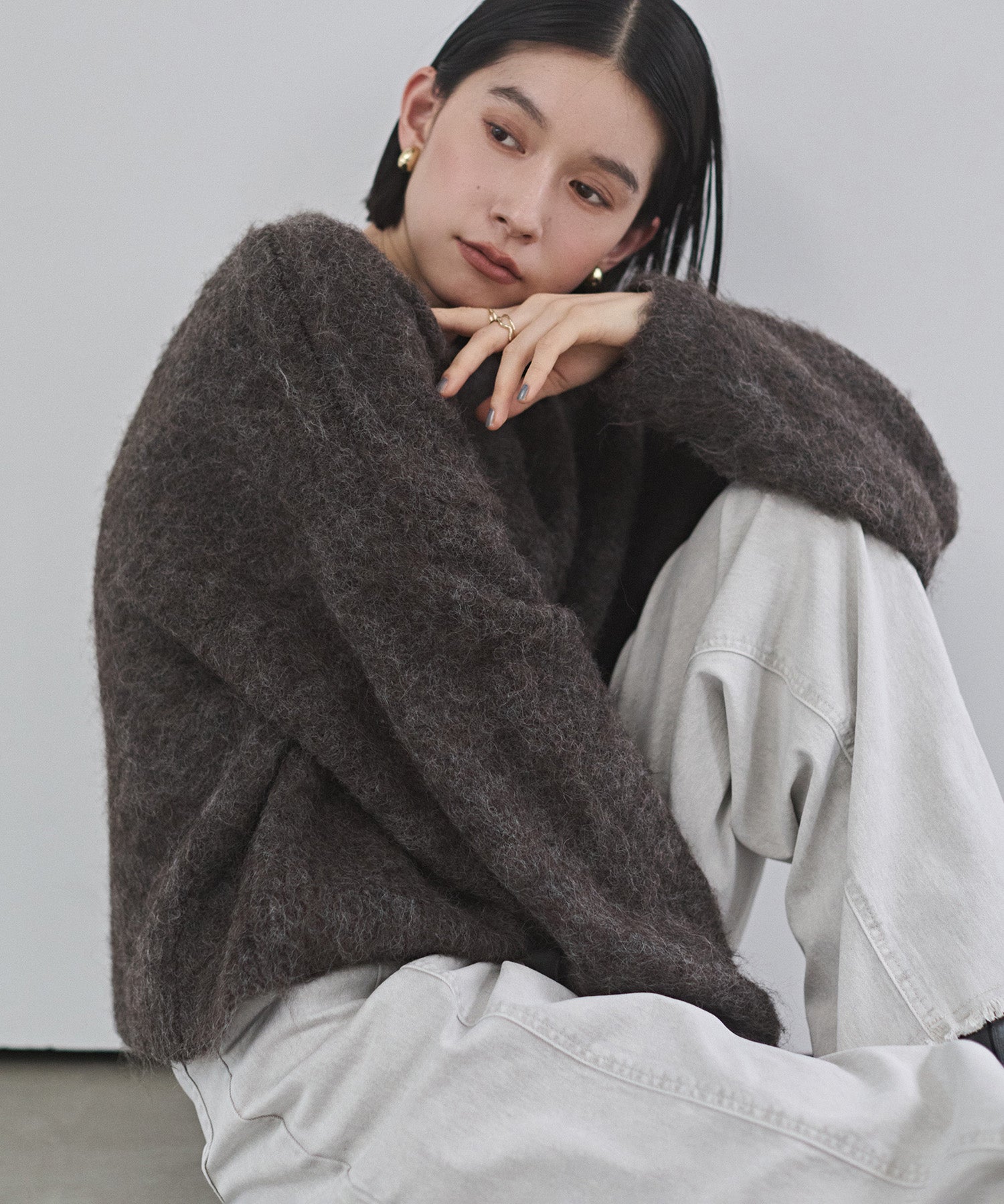 シャギー ミックスカラー起毛ニットカーディガン