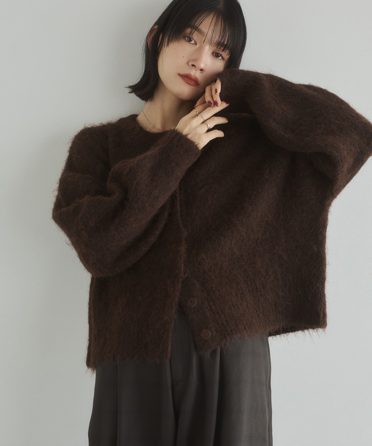 シャギー ミックスカラー起毛ニットカーディガン