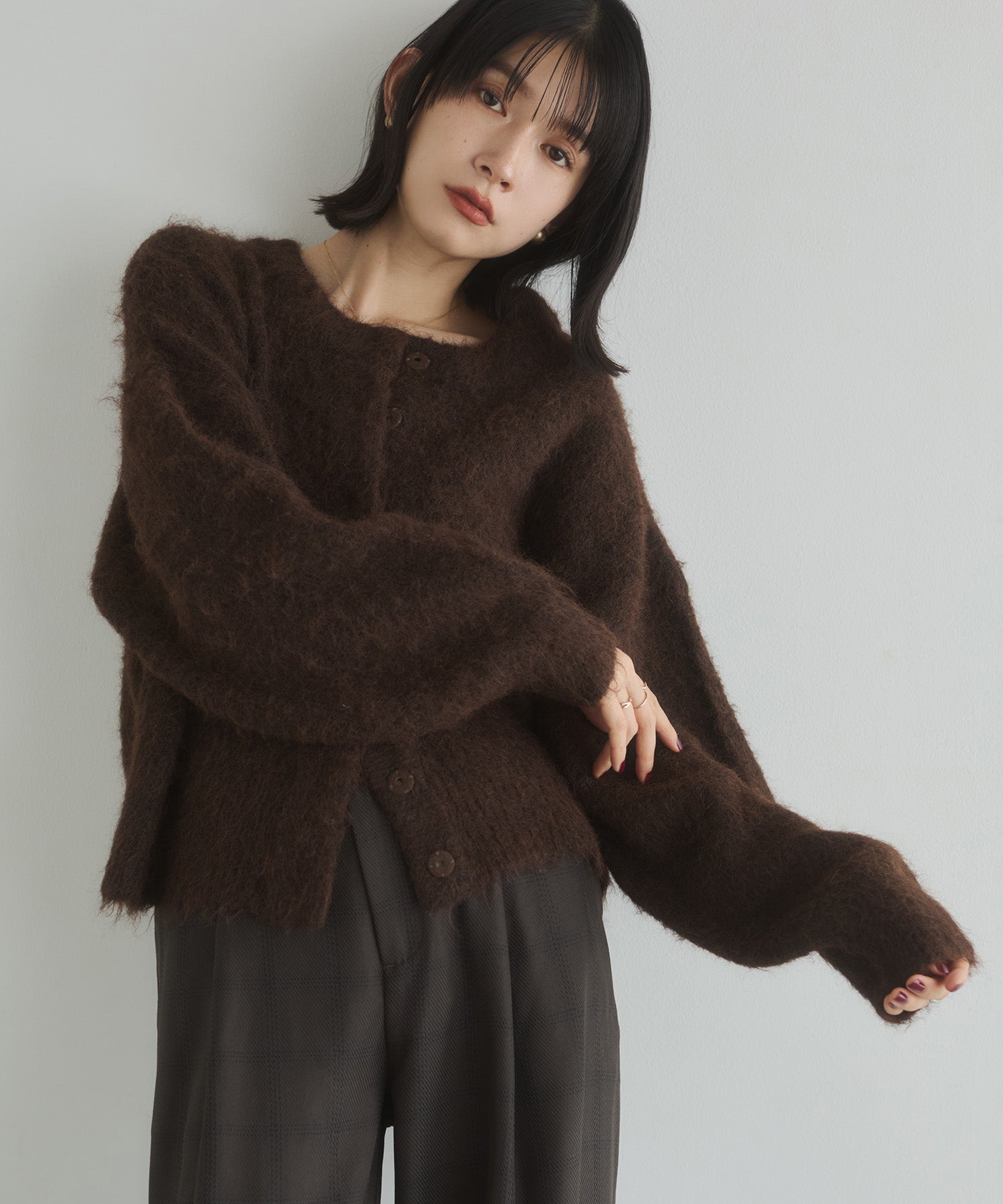 シャギー ミックスカラー起毛ニットカーディガン