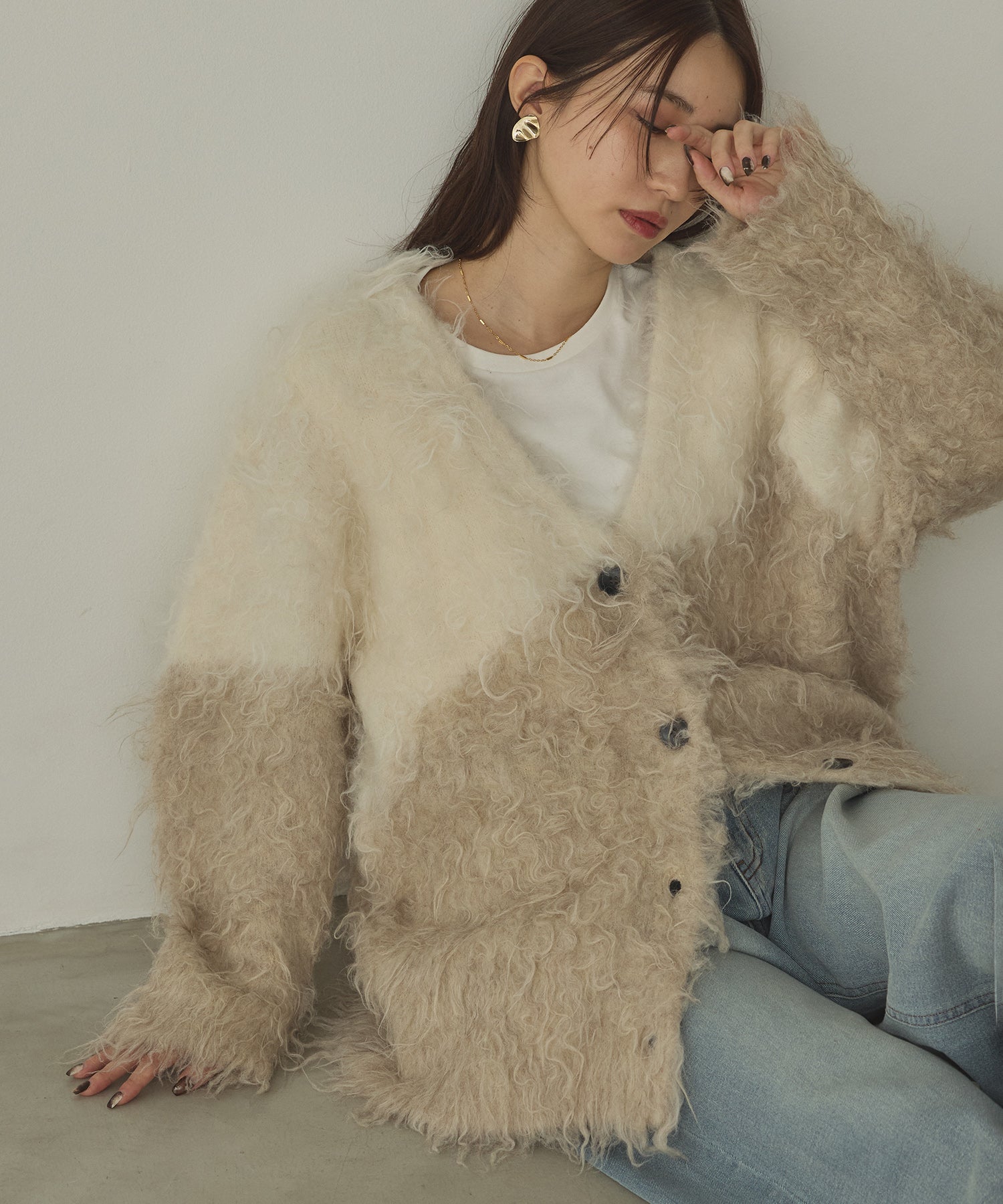 シャギー起毛 Vニットカーディガン