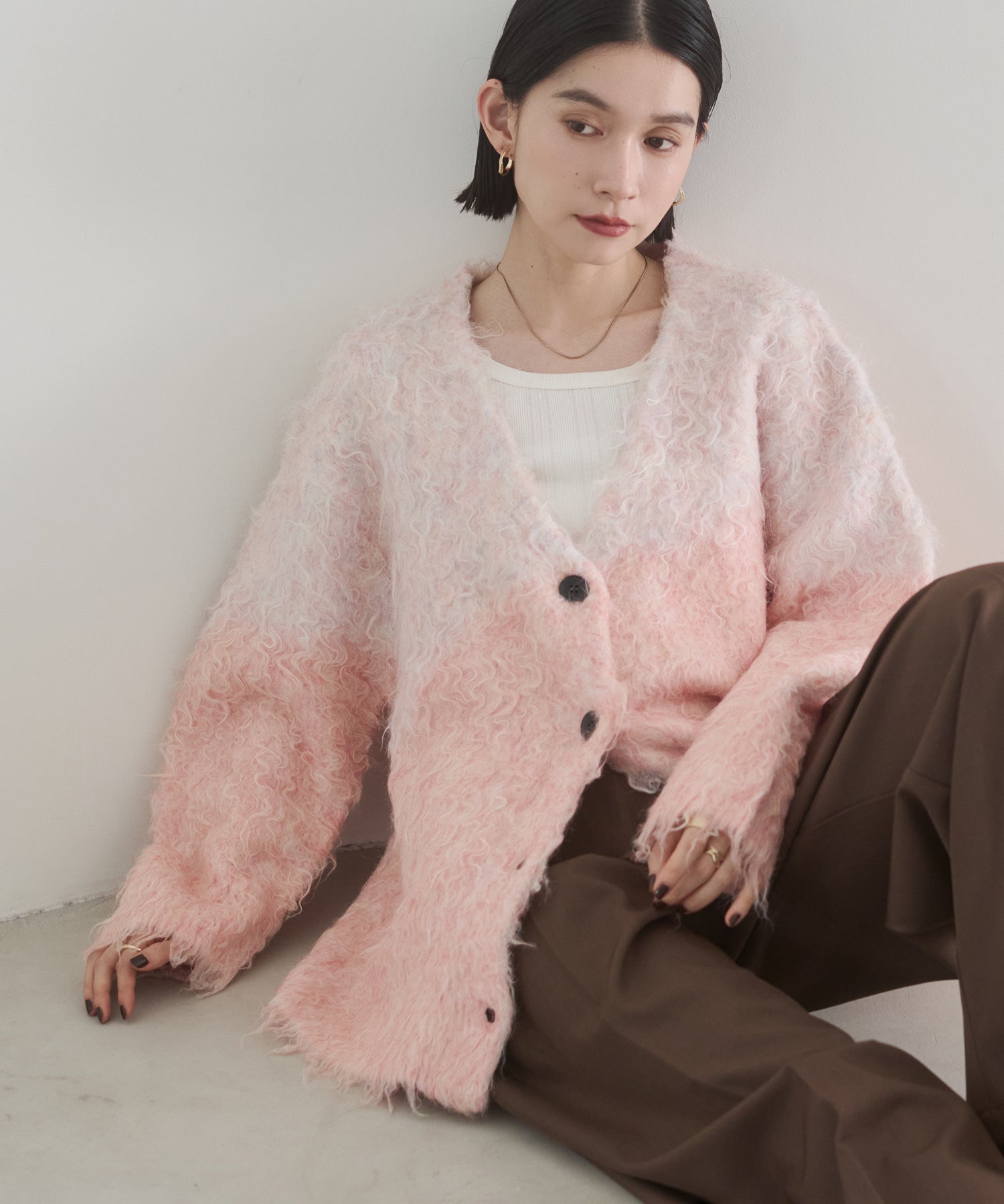 シャギー起毛 Vカーディガン