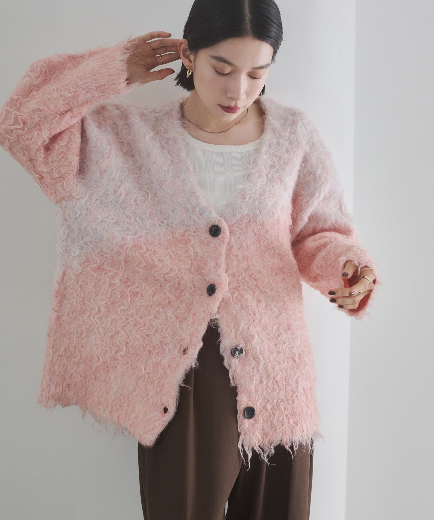 シャギー起毛 Vニットカーディガン