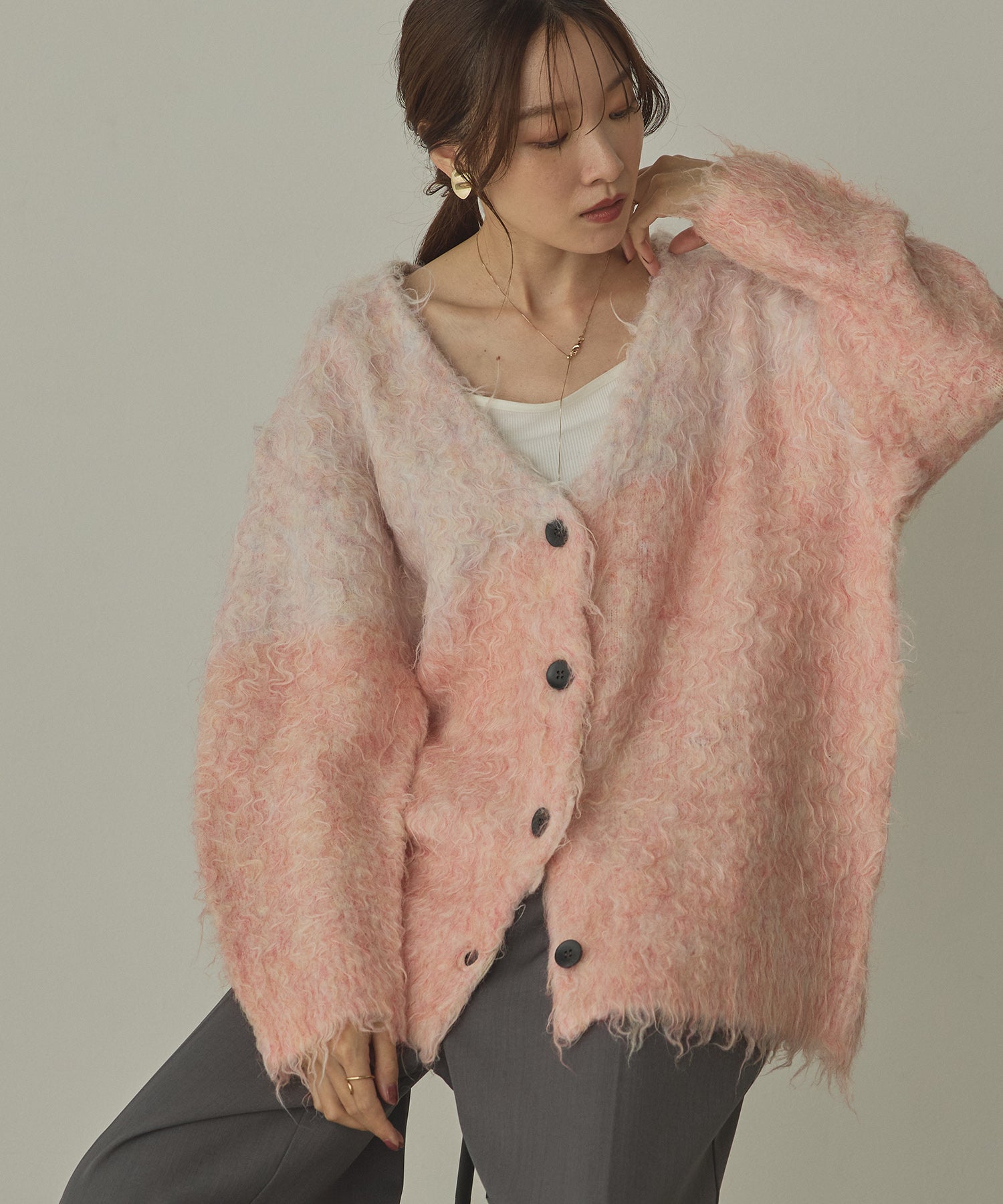 シャギー起毛 Vニットカーディガン