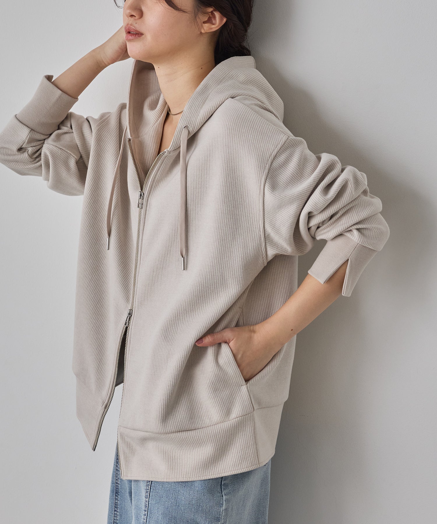 DOUBLE FACE RIB ZIP HOODIE