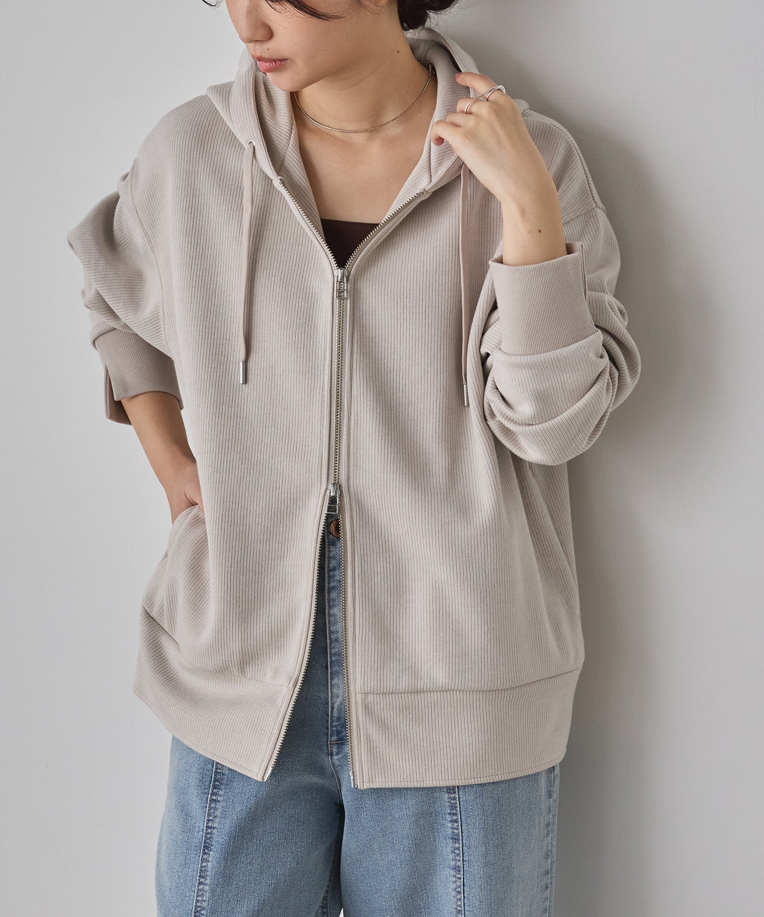 DOUBLE FACE RIB ZIP HOODIE