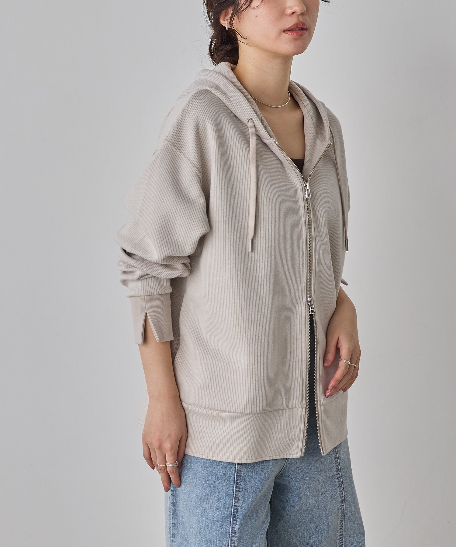 DOUBLE FACE RIB ZIP HOODIE