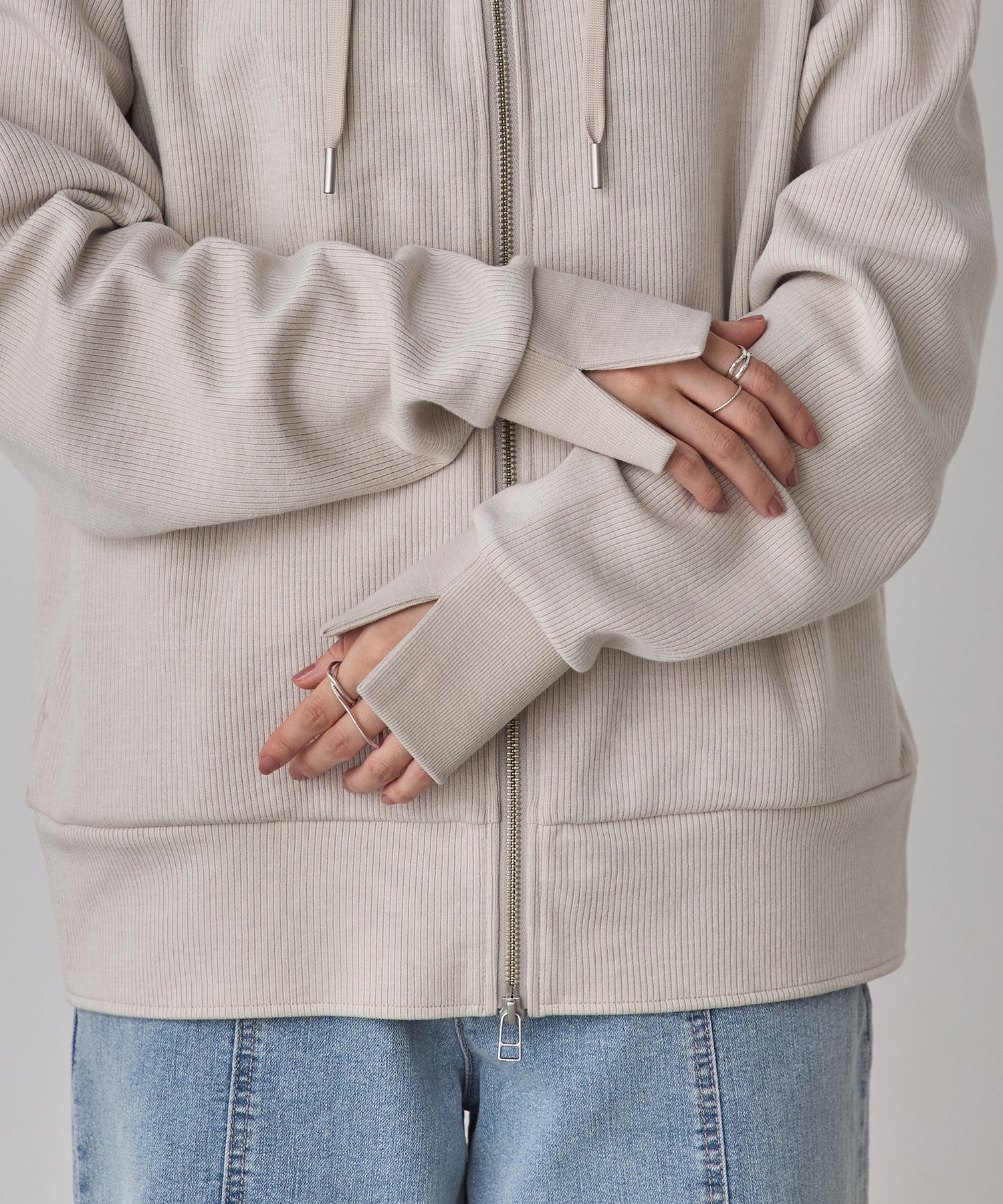 DOUBLE FACE RIB ZIP HOODIE