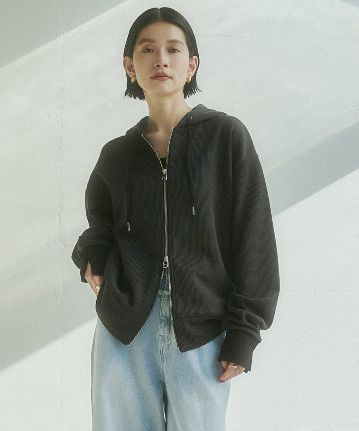 DOUBLE FACE RIB ZIP HOODIE