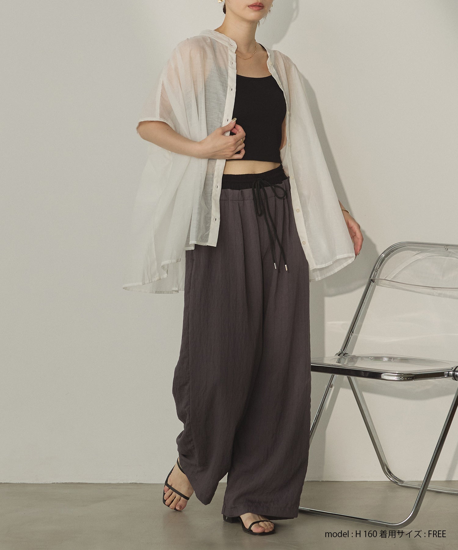 バンドカラー フレンチスリーブブラウス