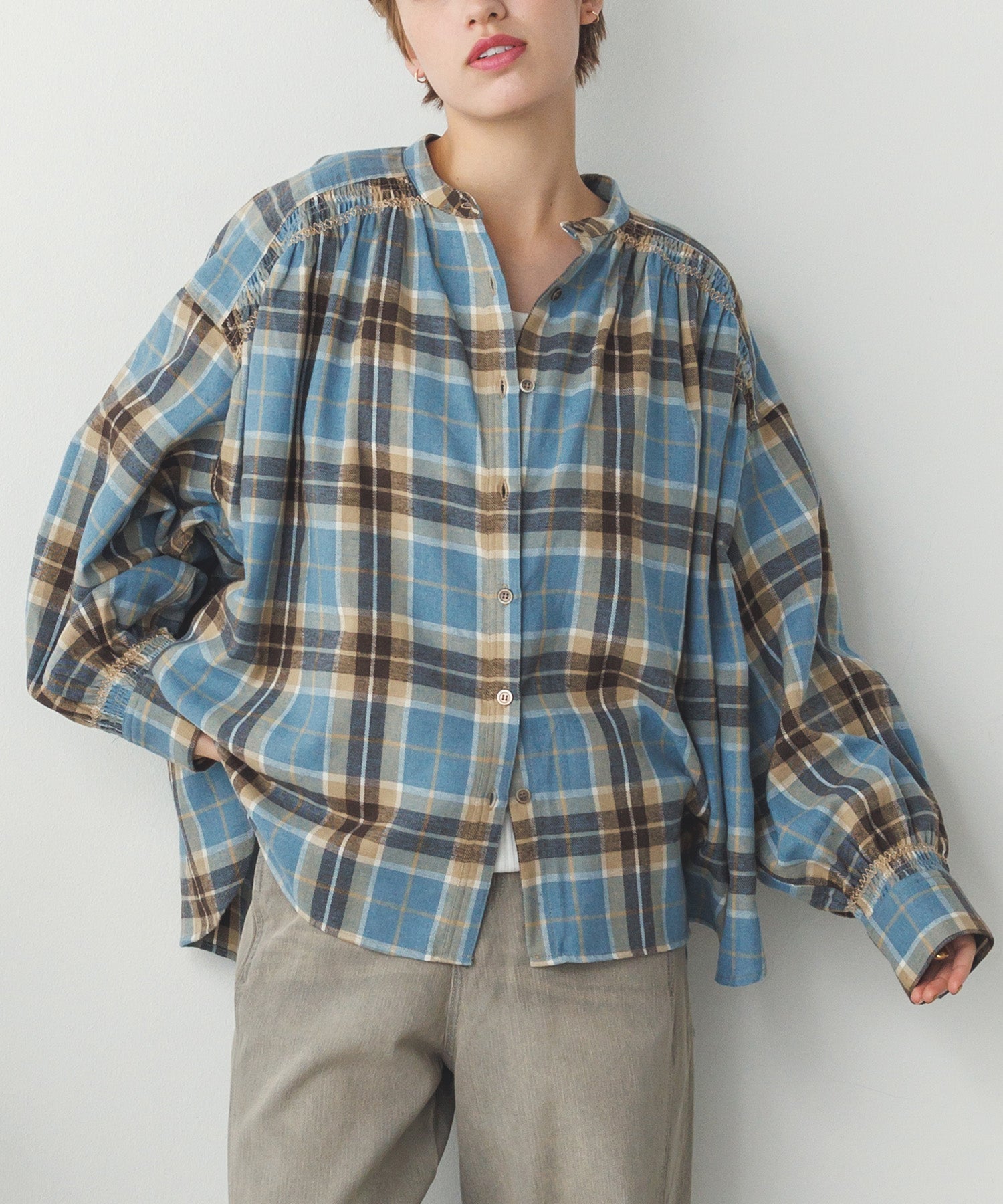 ネルチェックギャザーシャツ