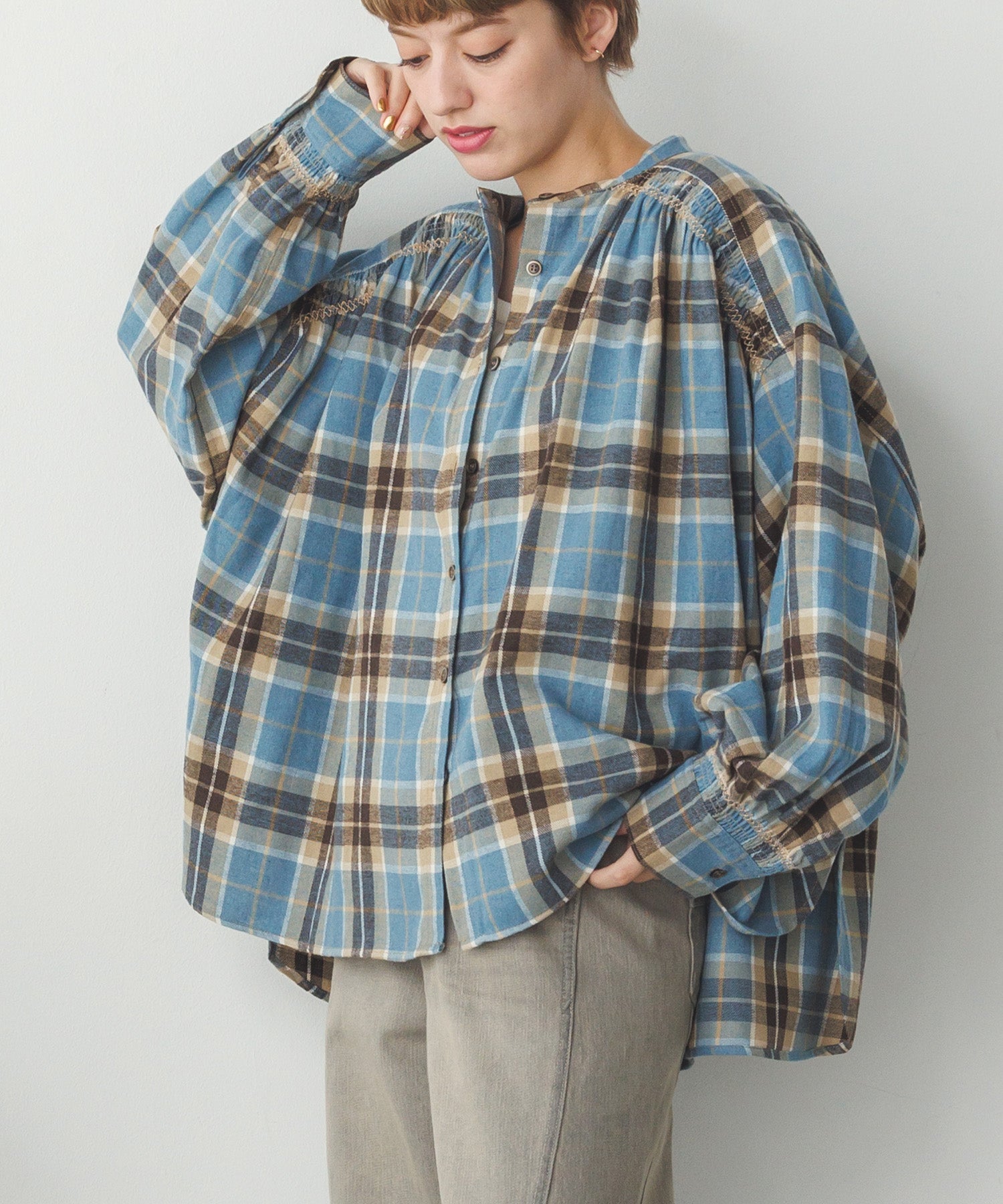 ネルチェックギャザーシャツ