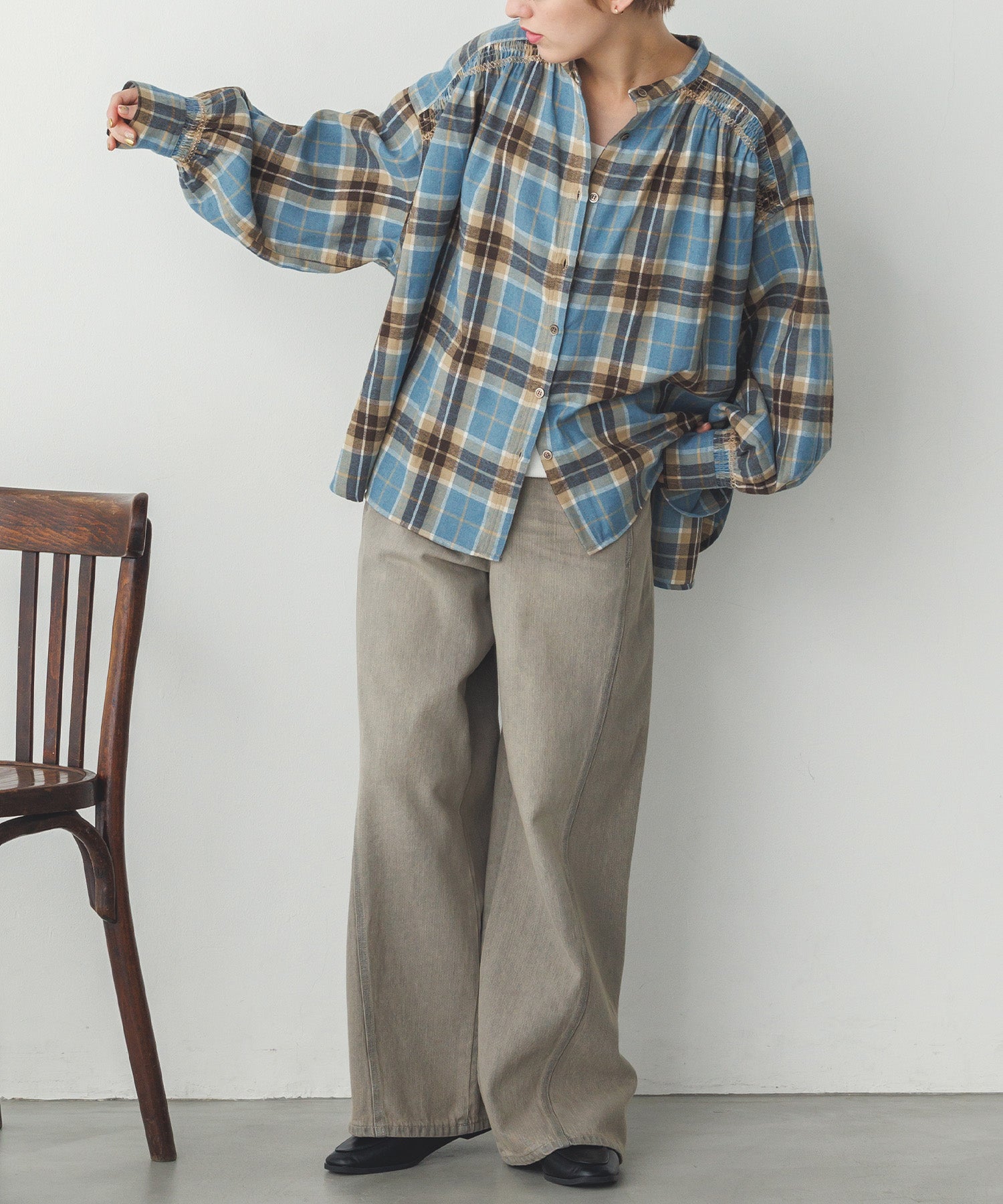 ネルチェックギャザーシャツ