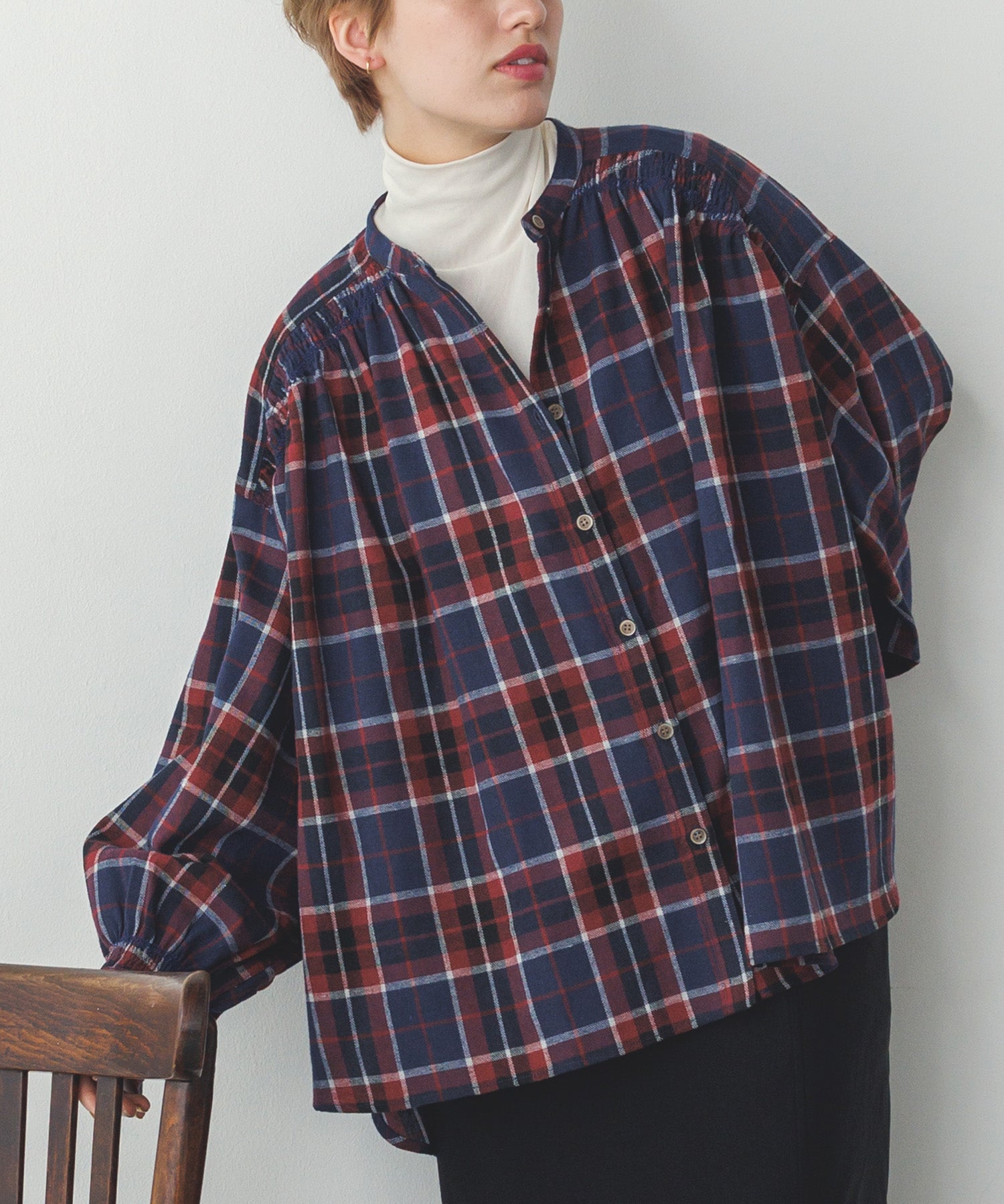 ネルチェックギャザーシャツ