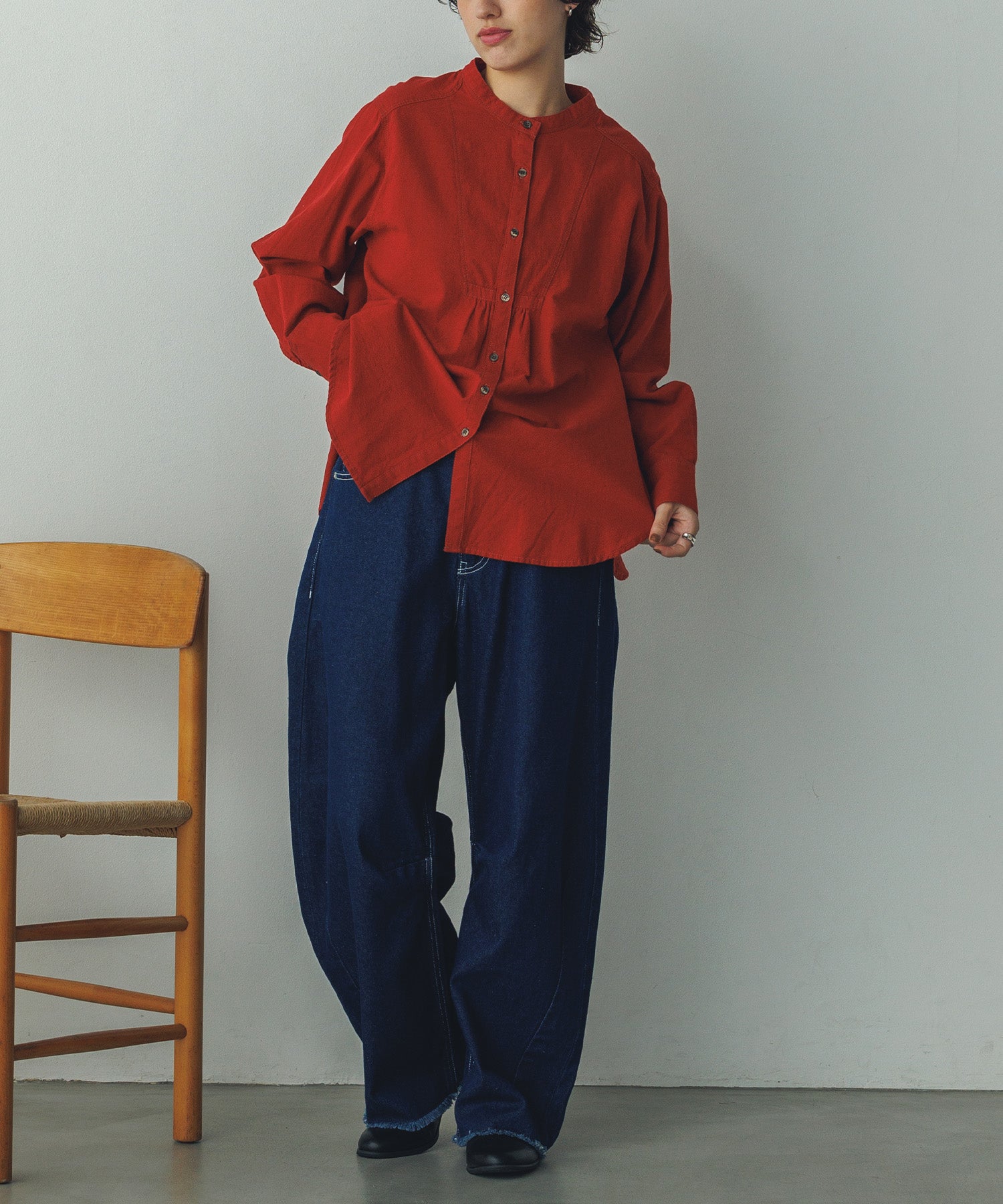 スタンドカラー ギャザー ブラウス